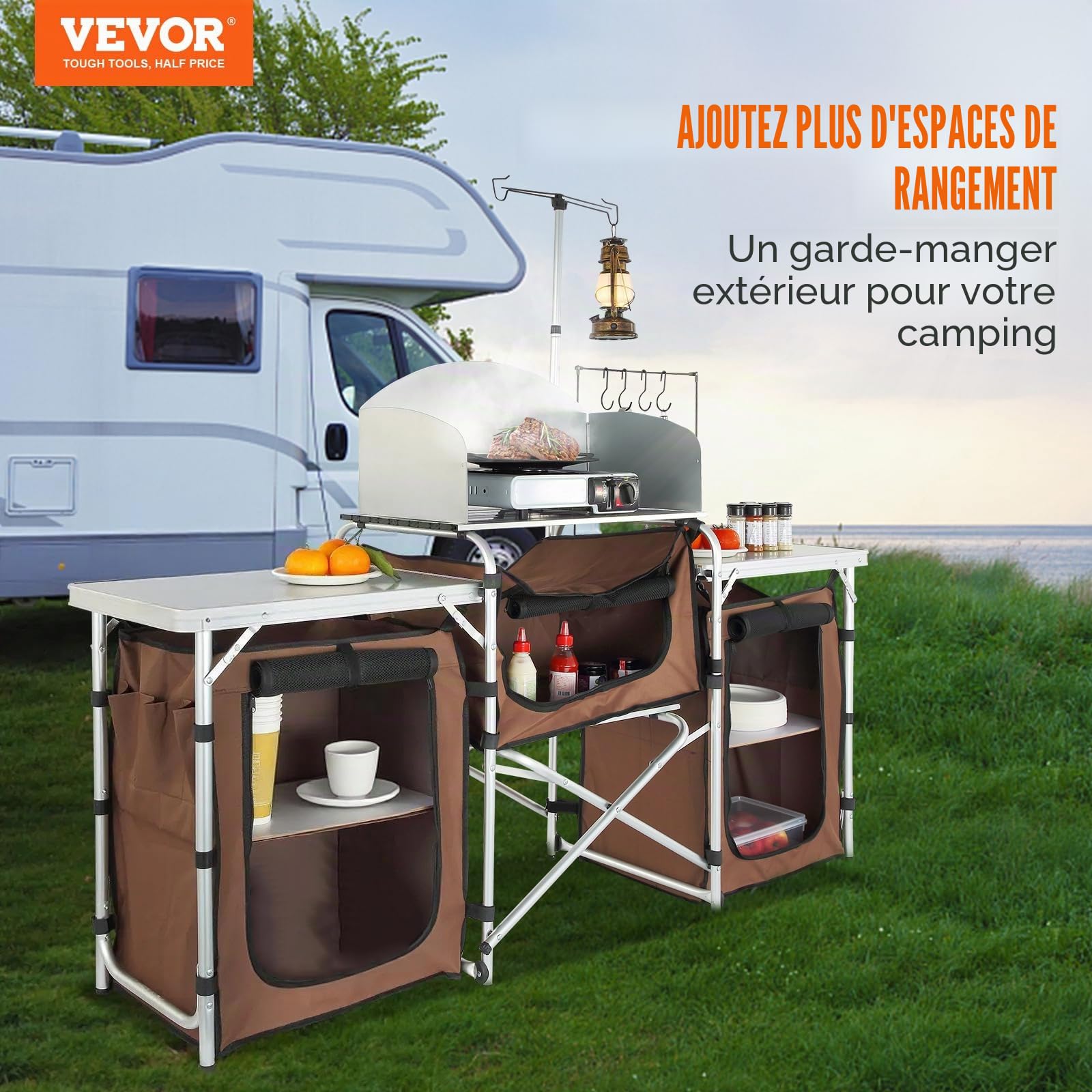 VEVOR Cuisine de Camping 174x176x46 cm Armoire de Camping Pliable Structure en Alu Grand Comptoir Meuble de Cuisine avec Pare-Brise 5 Compartiments avec Sac de Transport pour BBQ Pique-Nique Jardin