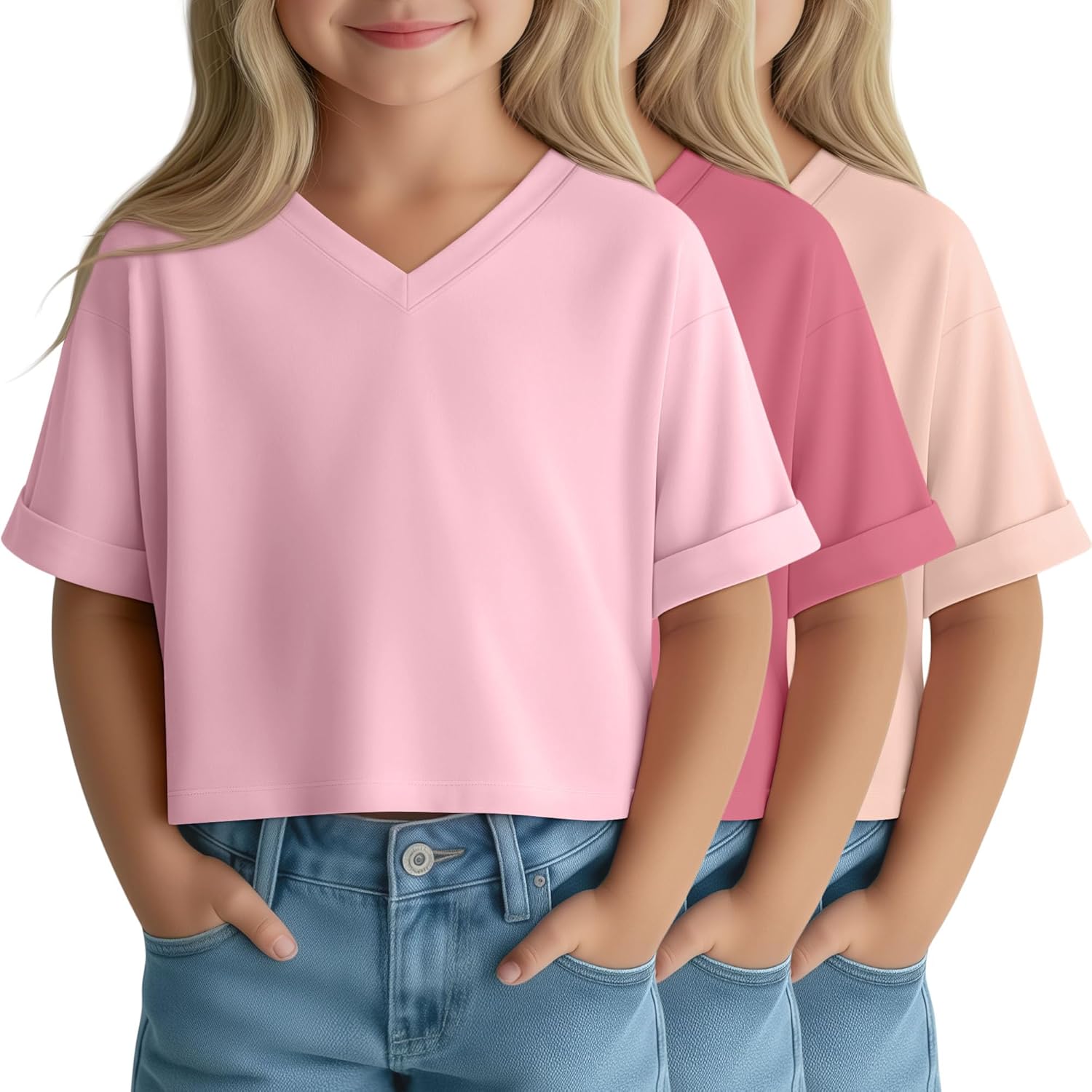 LessonZoo 3 Pack Girls' Crop Tops Short Sleeve V Neck Athletic T-Shirts Loose Kids Drop Shoulder Rolled Cuff Basic Tees 5-14Y