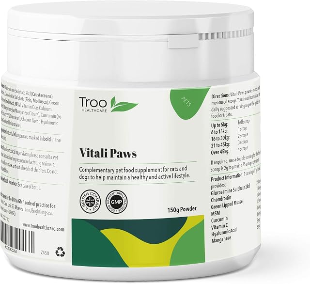 Vitali-Paws Pet Joint Support Supplement Powder for Cats and Dogs 150g | Chicken Flavour | Glucosamine | Green Lipped Mussel | Chondroitin | MSM | Turmeric Curcumin | UK Manufactured