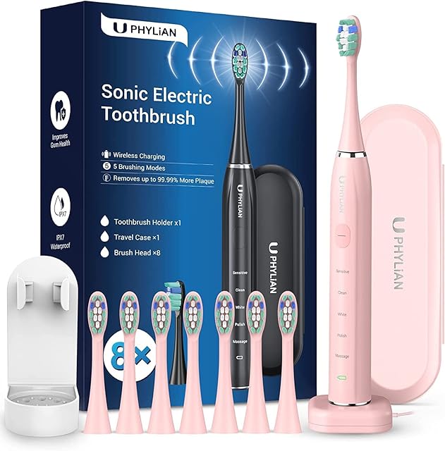 Sonic Electric Toothbrush for Adults and Kids with 8 Toothbrush Heads, Wireless Charging Base, PHYLIAN H15 Sonic Toothbrush with Toothbrush Holder, Tavel Case