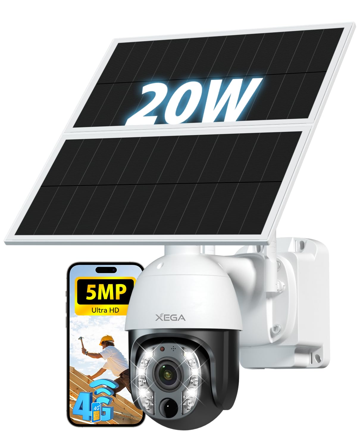 Xega 5MP【10X Óptico Zoom】 4G LTE Cámara Vigilancia sin WiFi con Tarjeta SIM | 20W Panel Solar 30,000 mAh Batería Grabación 24/7 Exterior Detección Humana Visión Nocturna 100ft Audio Bidireccional