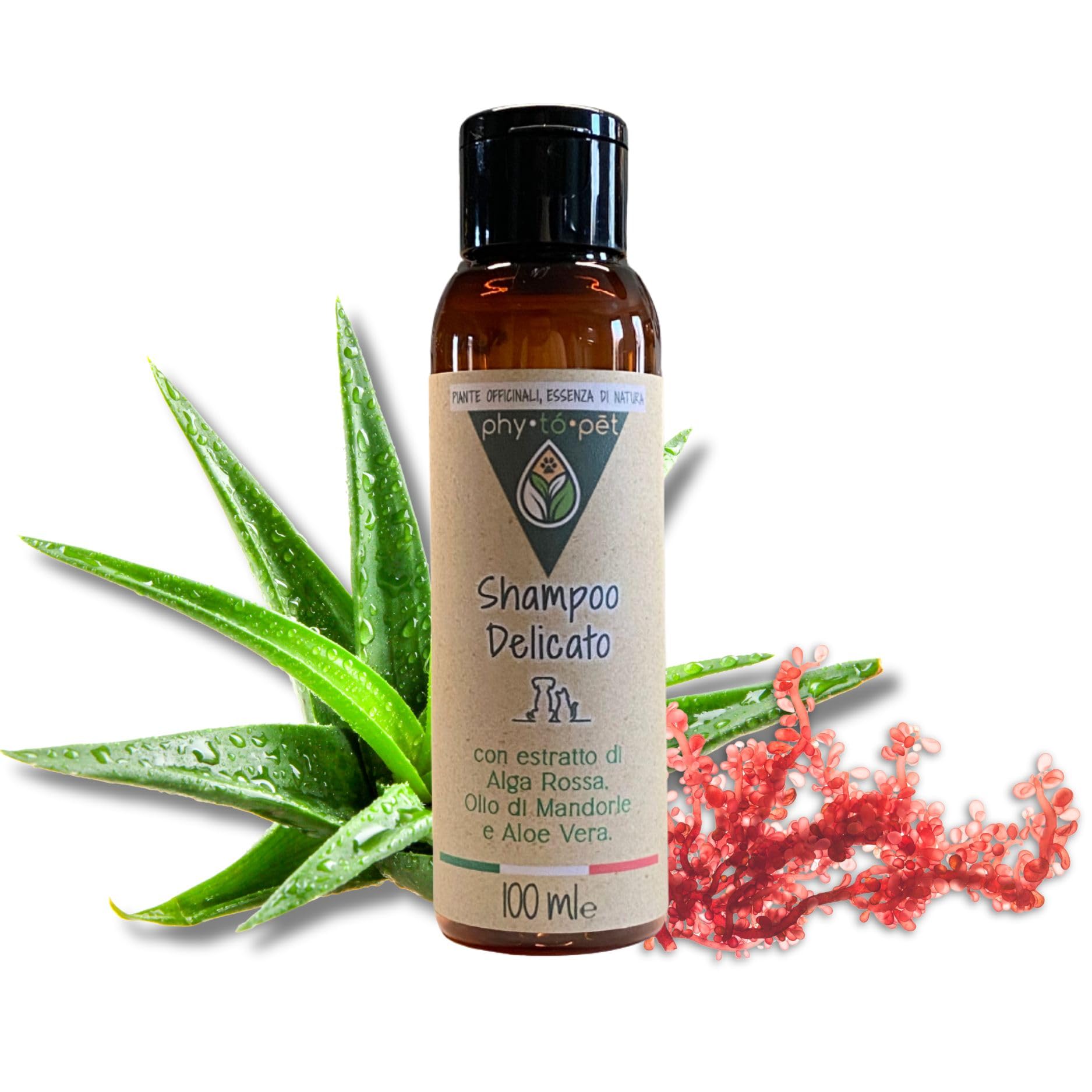 phy to pet | Shampoo Delicato Lenitivo per Cani e Gatti con Cute Sensibile - Azione Idratante e Detergente contro Irritazioni - Formulato con Aloe Vera ed Estratto di Alga Rossa - 100 ml