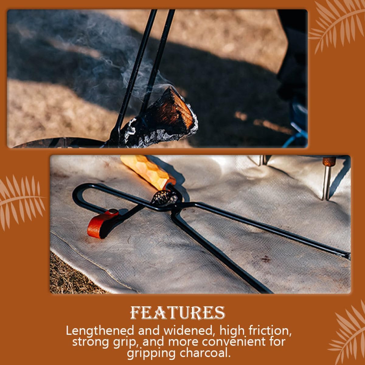 Long Handle Bbq Firewood Tong Iron Charcoal Clamp with Wooden Handle Heat Resistant Barbecue Carbon Clip for Camping and Outdoor Grilling