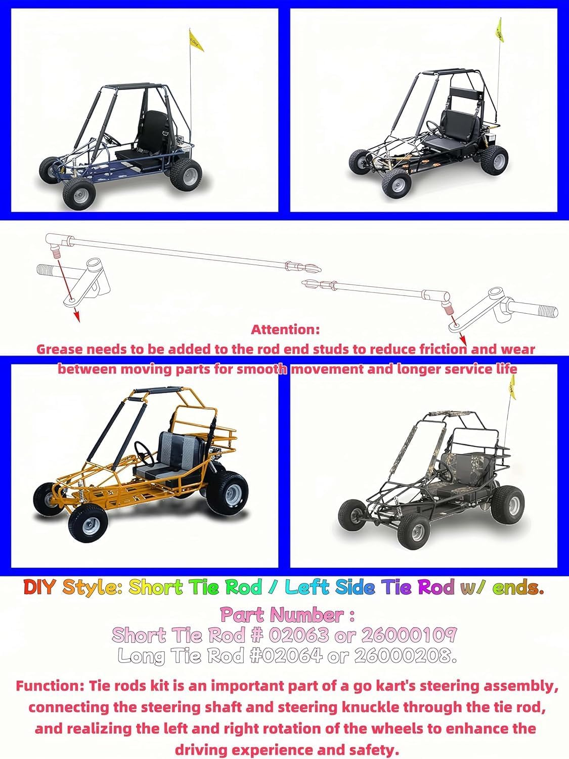 bent rods Kit Fit for Yerf Dog Cart Short+Long Tie Rod Kit 3/8-24 Set w/Ends Replacement