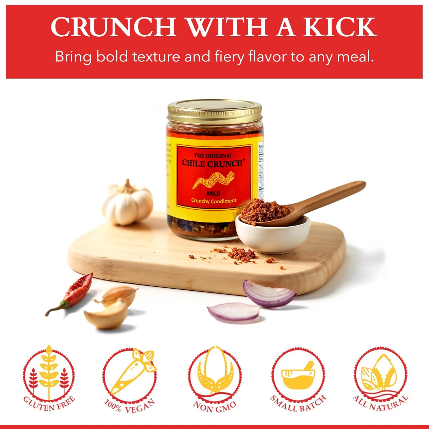 CHILE CRUNCH - Mild Spicy Crunchy Condiment - All Natural Roasted Chili Peppers, Garlic & Onion Crisp Sauce - Vegan, Gluten-Free, No Preservatives - Homemade Authentic Mexican Recipe 5.5oz - 1 Jar