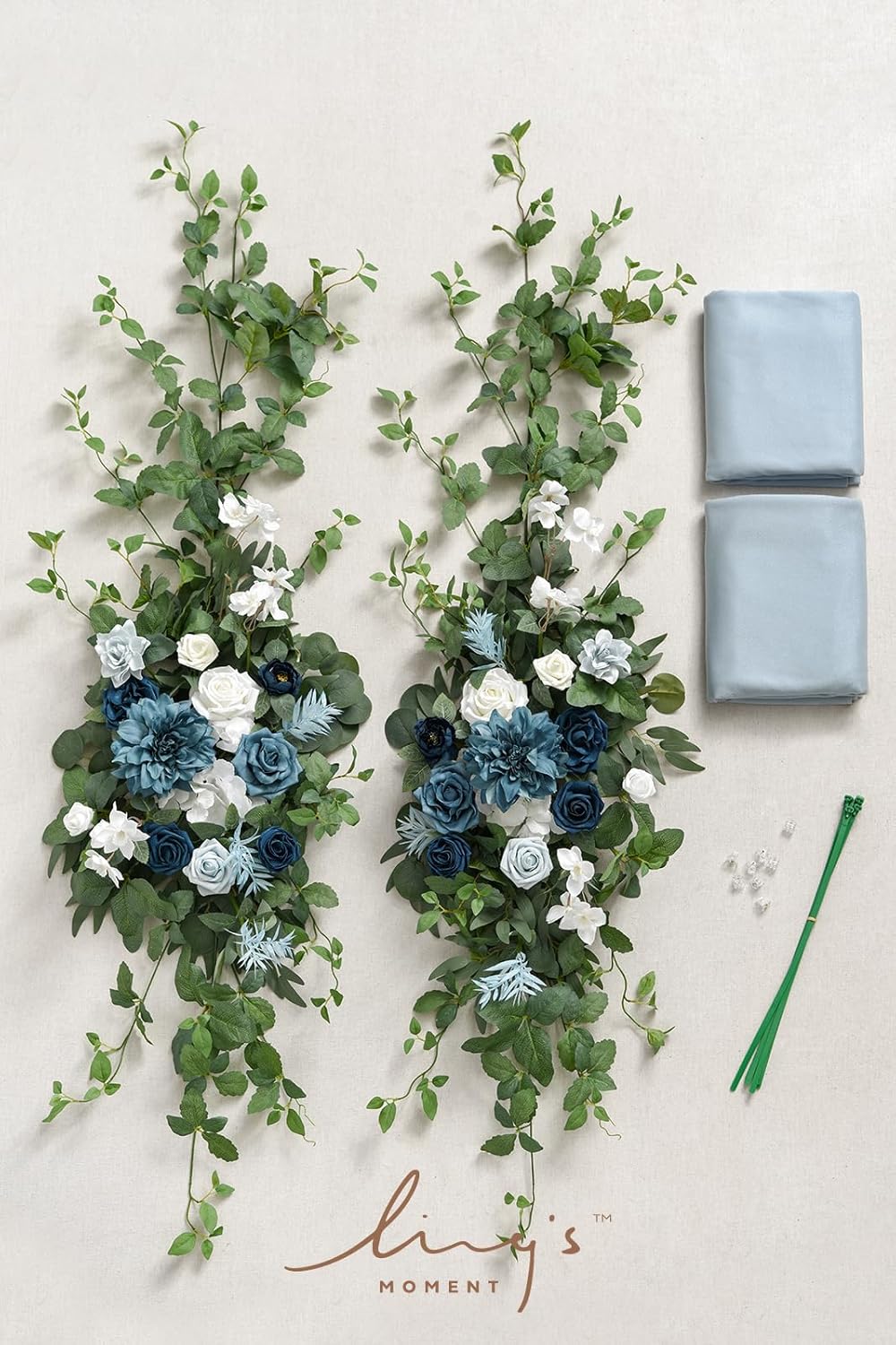 Ling's moment Wedding Arch Flowers for Wedding Ceremony Arrangement Decor, 2 Pcs Fake Flowers Swag Floral Garland Decoration, 2pcs Drapes Kit, Backdrop Stand for Party Wedding Gifts|Dusty Blue & Navy
