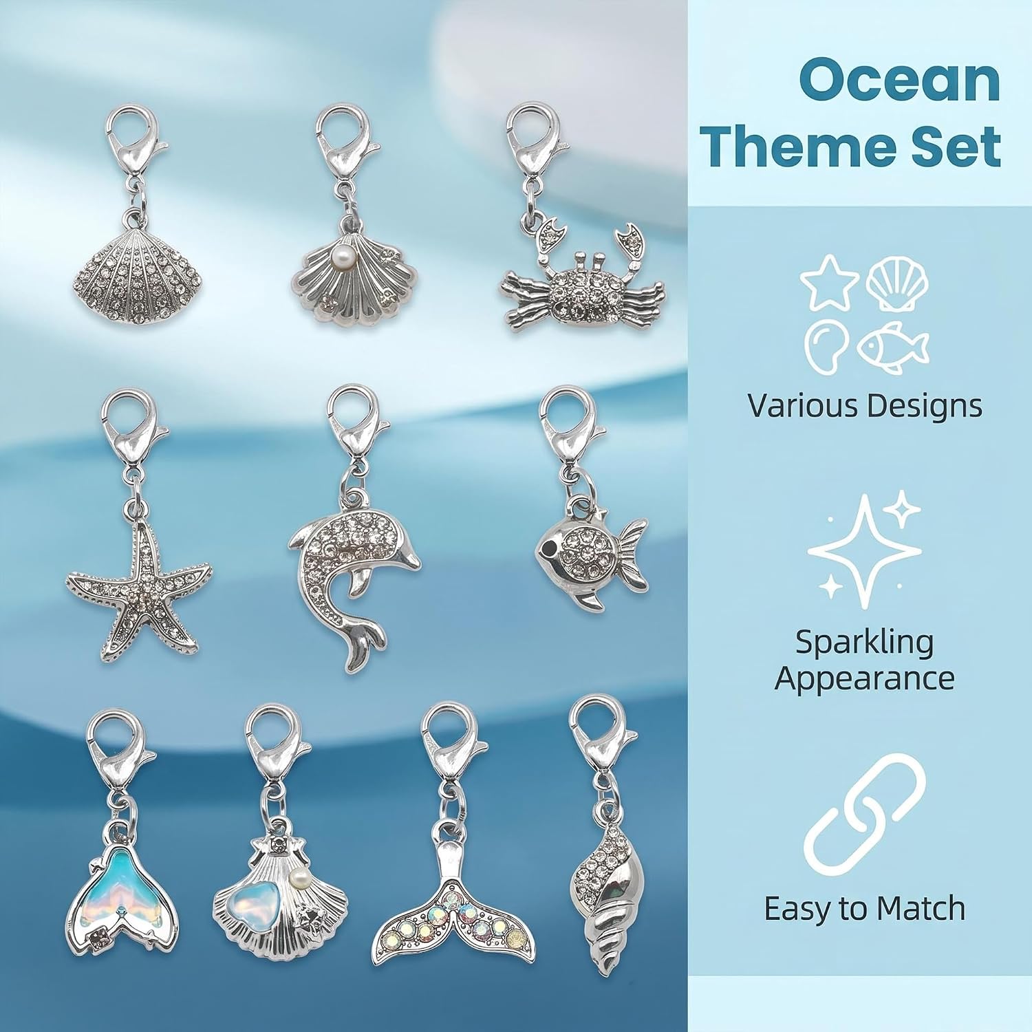 Julie Wang 20PCS Alloy Seashells Mermaid Tail Pendants, Silver Tone Ocean Animals Charm with Rhinestones & Lobster Clasps for Shoe Lace, Bag Decor, Jewelry Making, Craft Supplies image 2