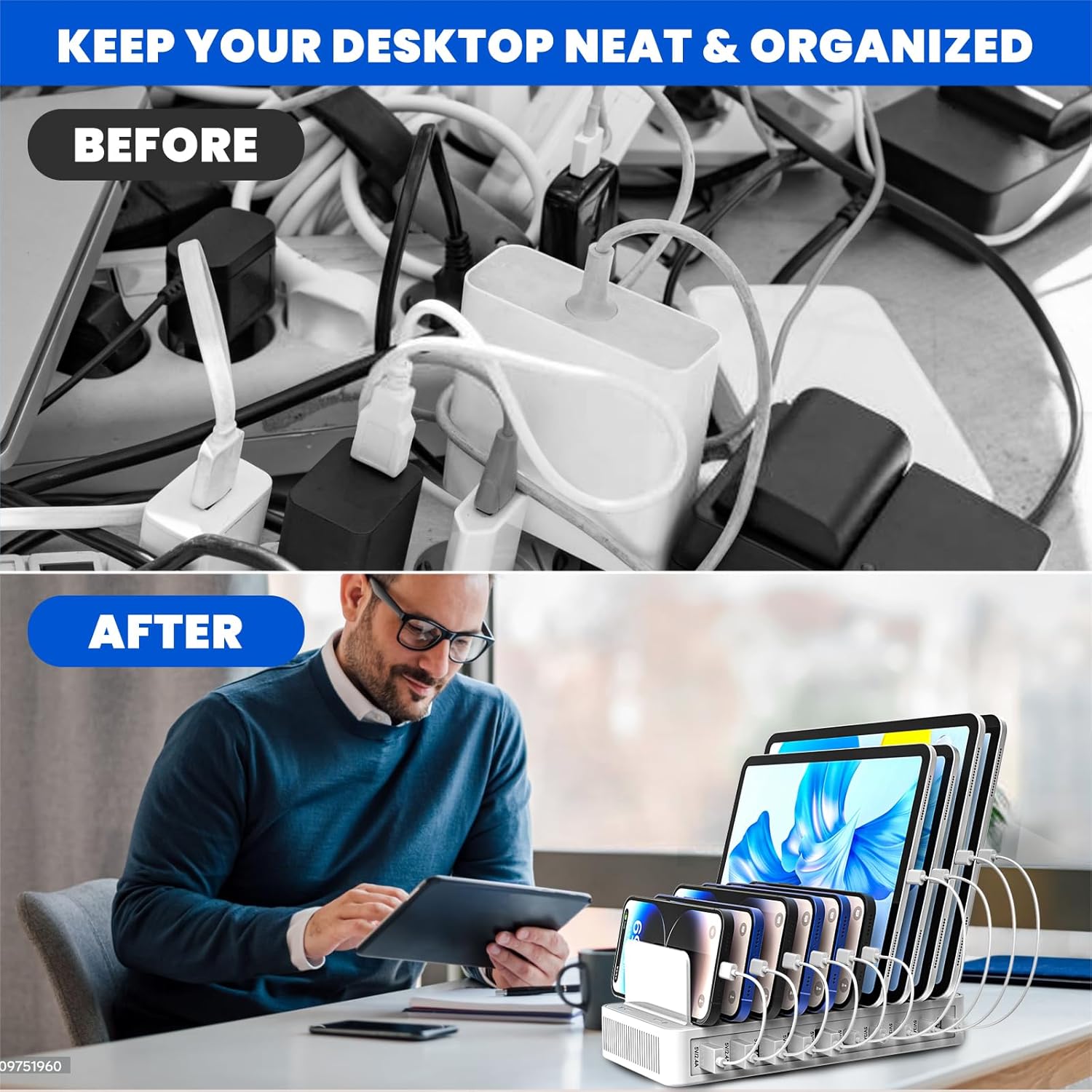 Charging Station for Multiple Devices, 100W 10 Ports Charging Dock with 10 Cables Smart IC Tech and Adjustable Dividers Type-C，Multi USB Charger for iPhone Galaxy iPad Tablet，White