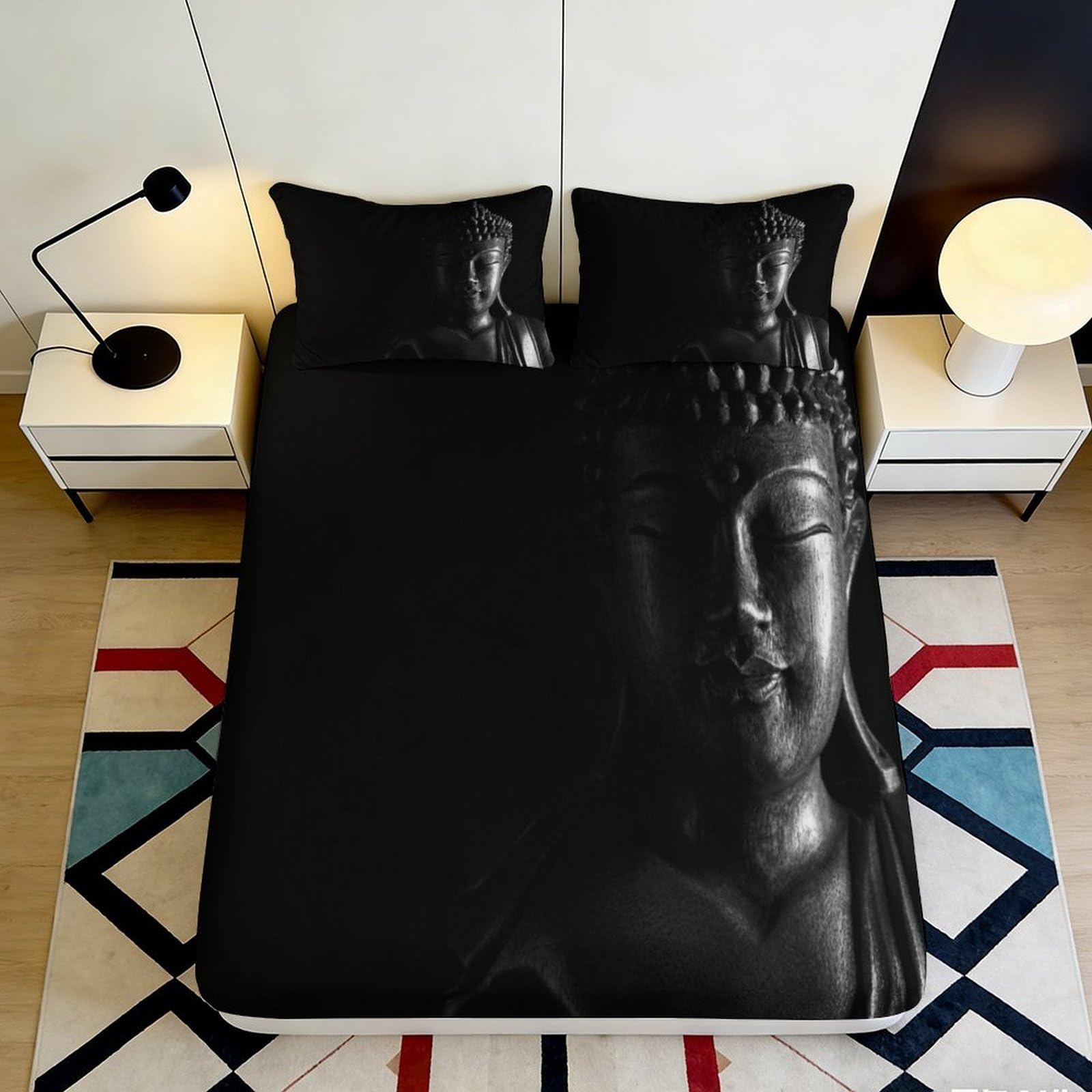 3D Printed Black Buddha Fitted Sheet Microfiber Soft Anti-Slip Zen Statue Bed Cover for Bedroom Guest Room Dorm Decor 118 200x200x25cm