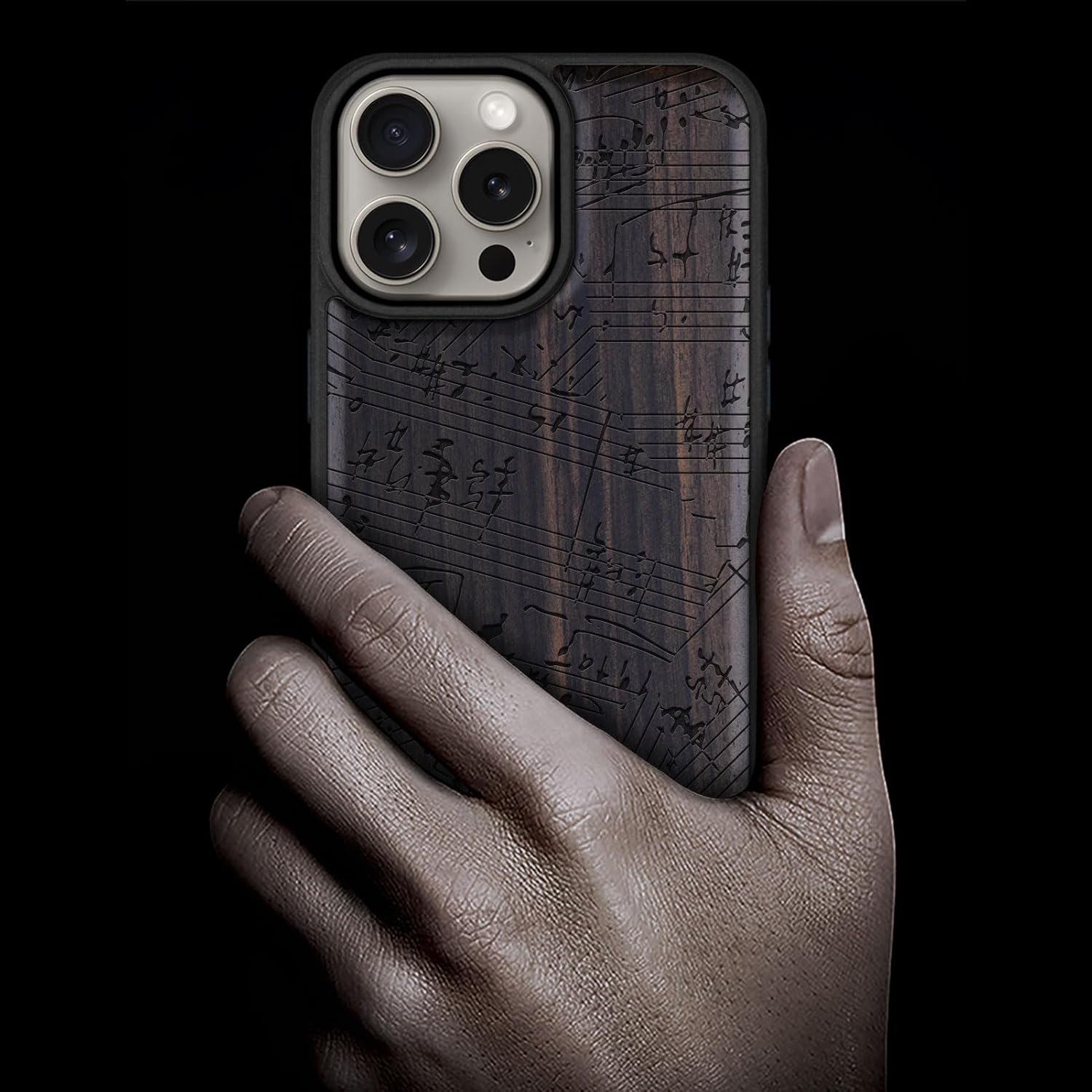 Carveit Magnetic Wooden Case for iPhone 15 Pro Max Case, Compatible with MagSafe Wireless Chargers, Black Soft TPU Shockproof Cover & Wood Artisan Engraved (A Symphony of Musical Notes) - Blackwood