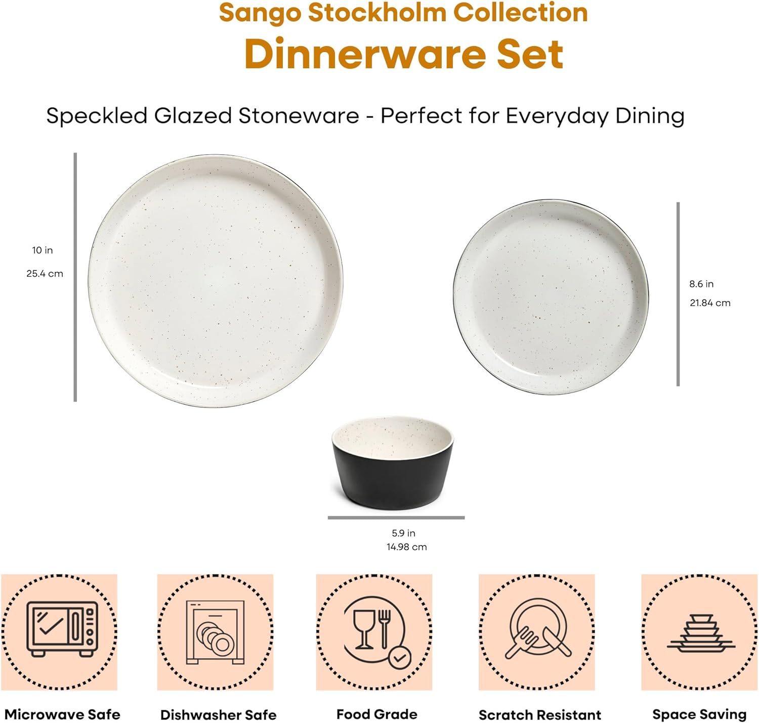Sango 12-Piece Stoneware Dinnerware Set for 4, Modern White & Black Plates and Bowls Sets with Speckled Glaze, Durable Kitchen Ceramic Dish Set, Microwave & Dishwasher Safe Everyday Dishes, Stockholm