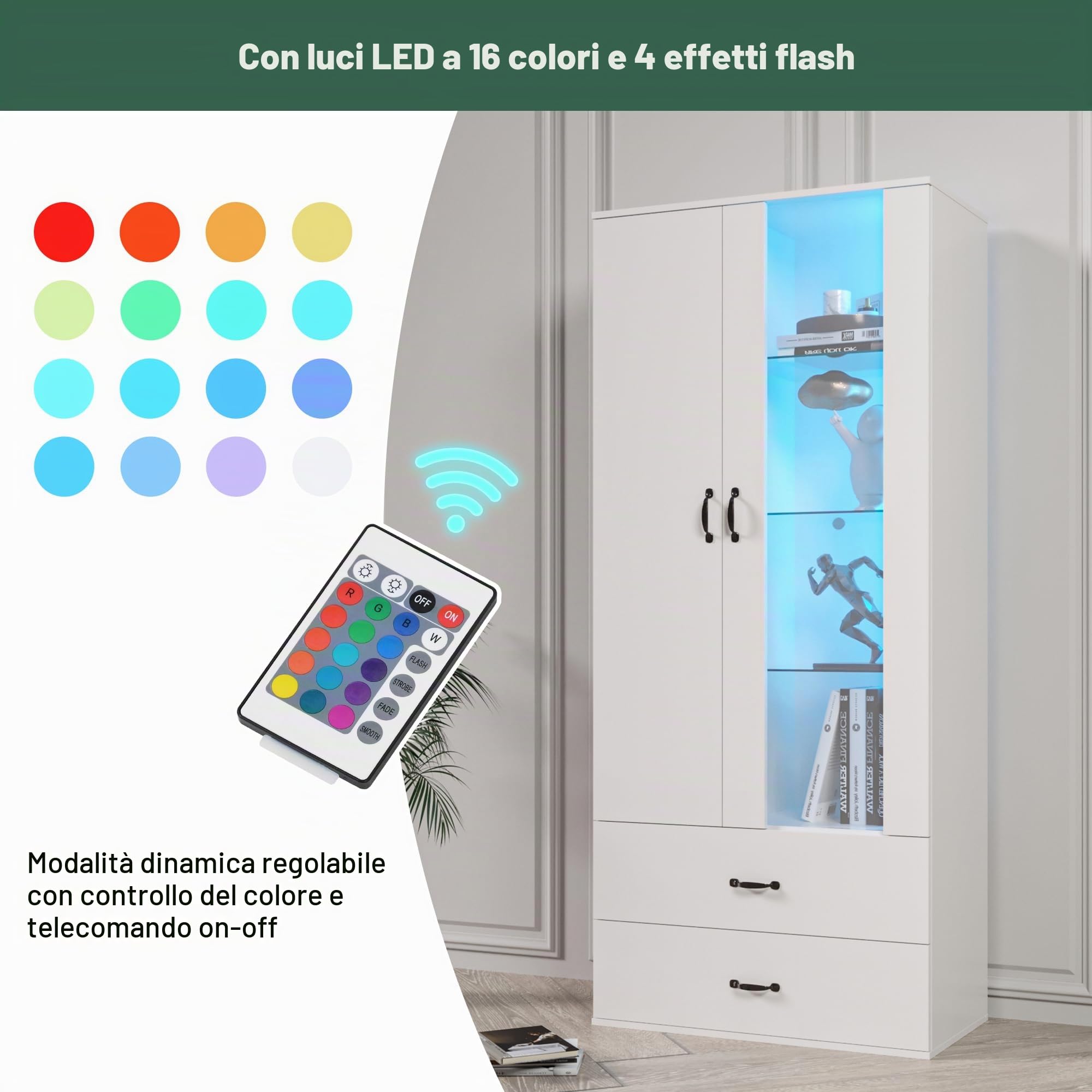 KAZZIO Vetrina illuminata a LED, 16 colori, 2 ante, 2 cassetti con ante in vetro, vetrina bianca a LED, soggiorno, parete del soggiorno, vetrina a LED, armadio a buffet, scaffale alto