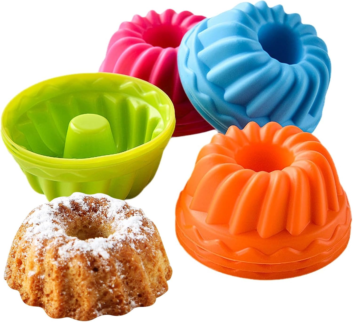 Mini Silicone Fluted Bund t Cake Pan,Nonstick Individual Small Ring Cake Molds for Baking,Silicone Bund t Pans Bakeware for Jello,Pudding,Brownie,Single Serving Dessert (12, 4color, 7cm/2.76")