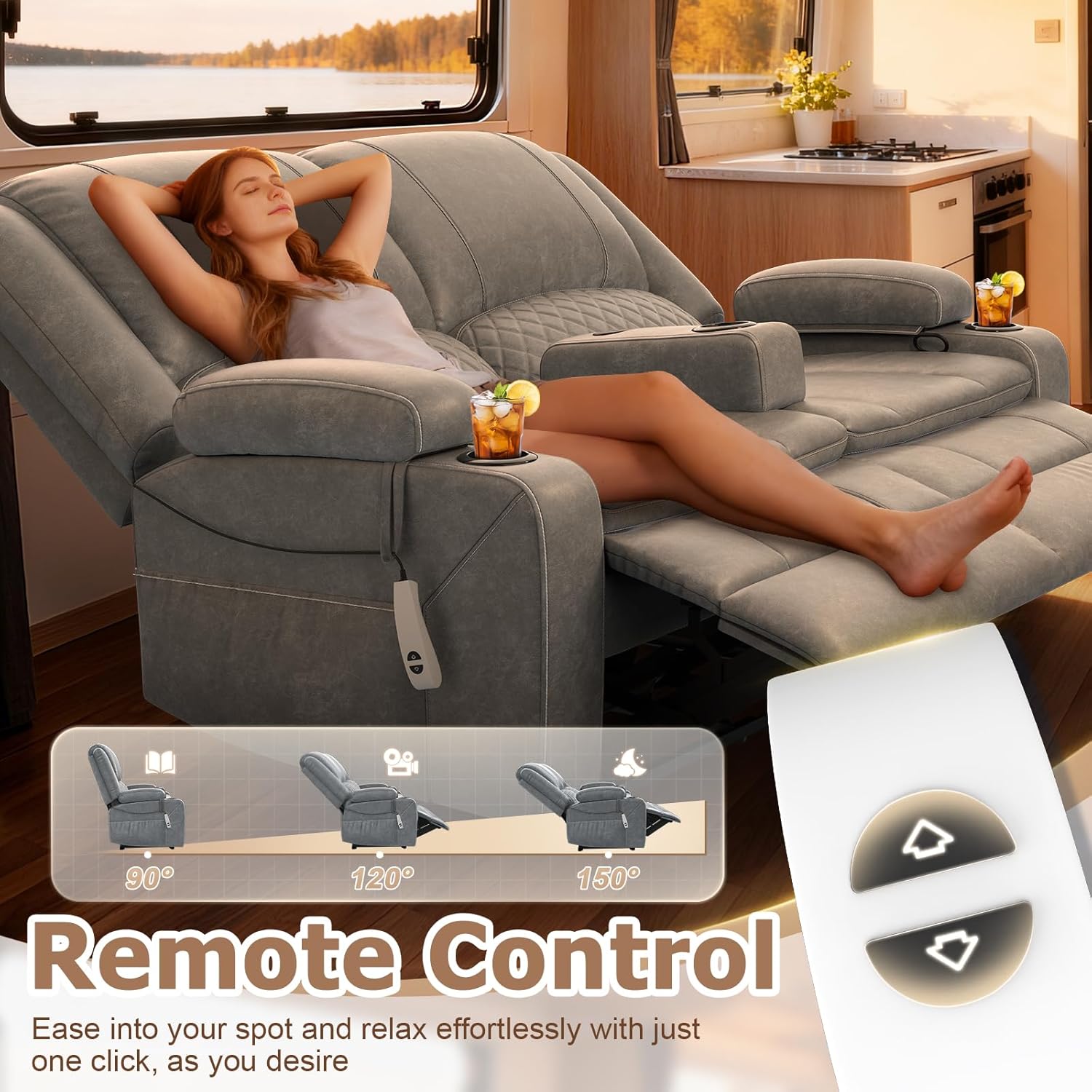 A person using the remote control to adjust the recline position of the loveseat.