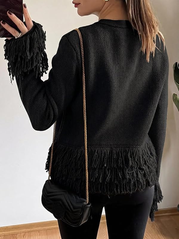 Yousify Fringe Tops for Women Crew Neck Button Down Crochet Cardigan Black by Yousify - Used condition - Image 4