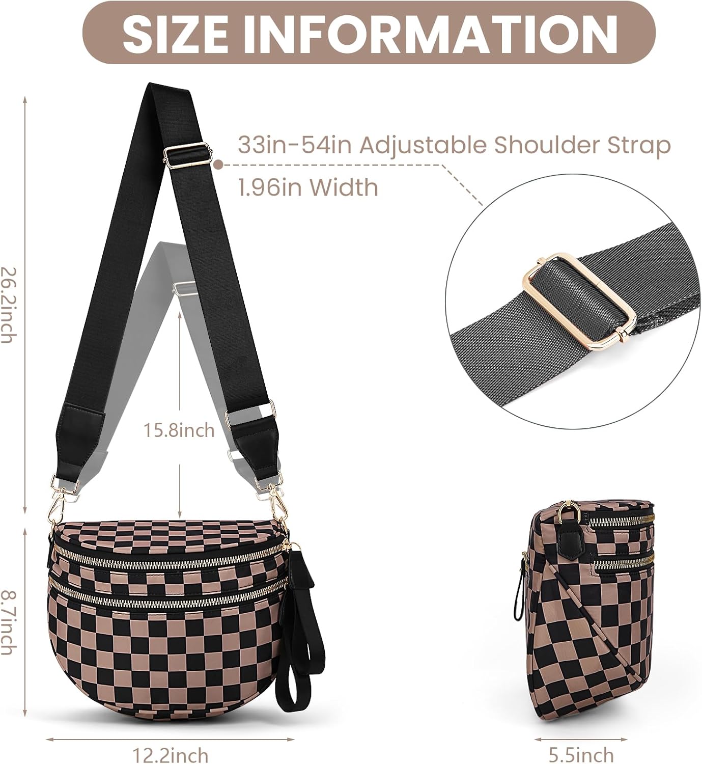 Lushandy Bum Bag Women's Checkered Crossbody Bag Nylon Cross Body Bags Plaid Mom Everyday Purse for Travel - Image 5