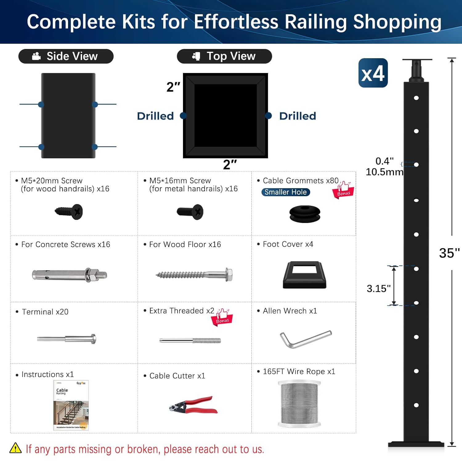 Black Cable Railing Kit 12–16FT, 36" Modular Railing System 4 Level Post Kit with Swage Terminals, Silver Cable Length Adjustable Friendly Kit Easy DIY for Deck, Stair, Balcony (No Handrail)