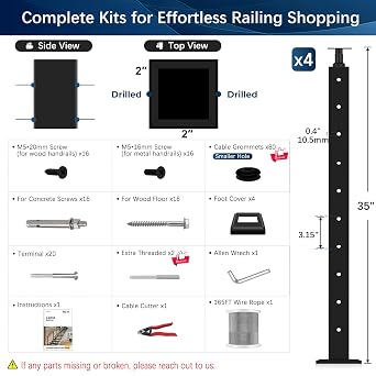One-Stop Deck Railing Kit, Black 36 Cable Railing System Including Stainless Steel Post, Cable, Terminal, Cable Grommet, No Handrail (4xLevel Posts Kit)