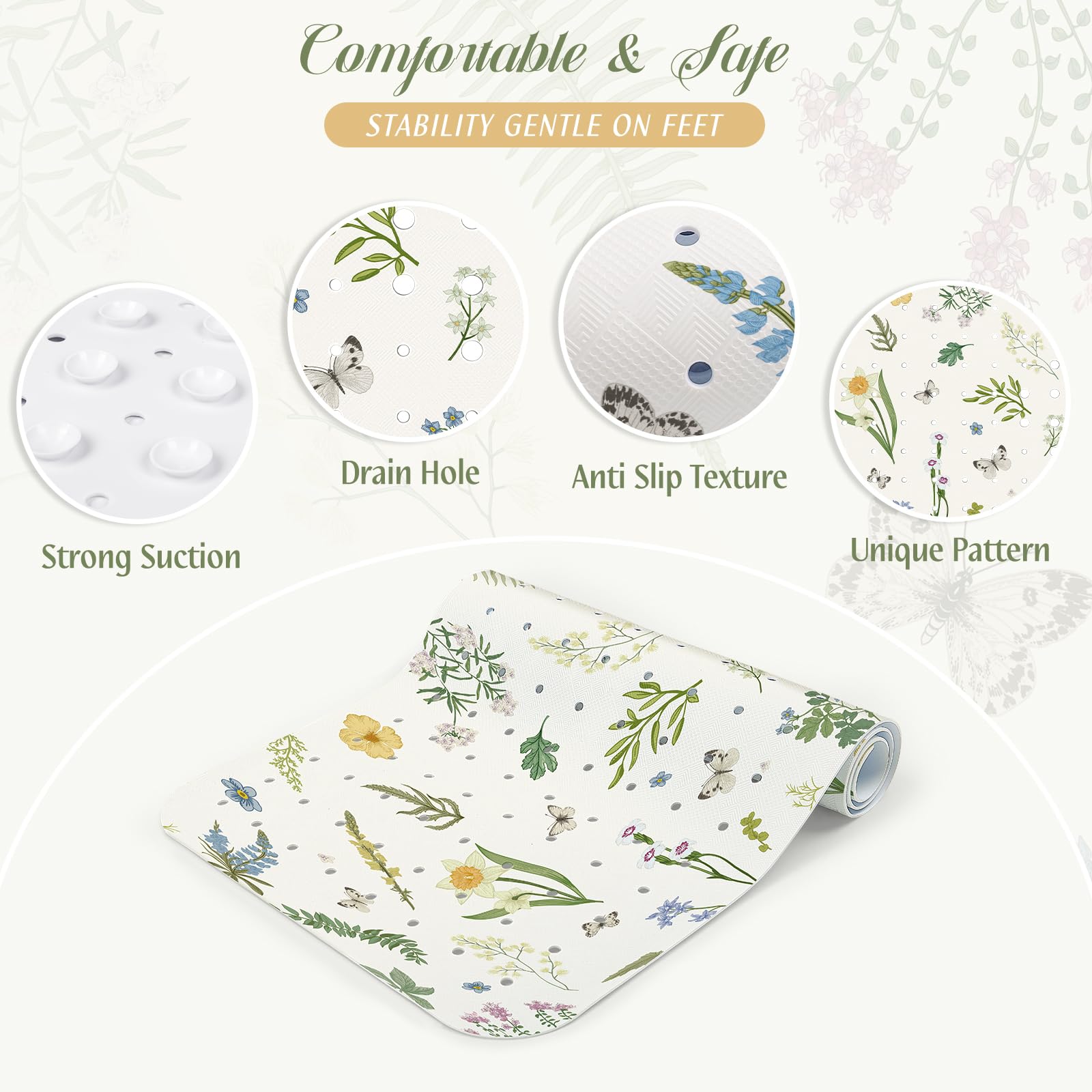 Alfombra Antideslizante Para Bañera O Ducha, 40x16 Pulgadas, PVC Sin BPA, Diseño Con Flores, Lavable A Máquina