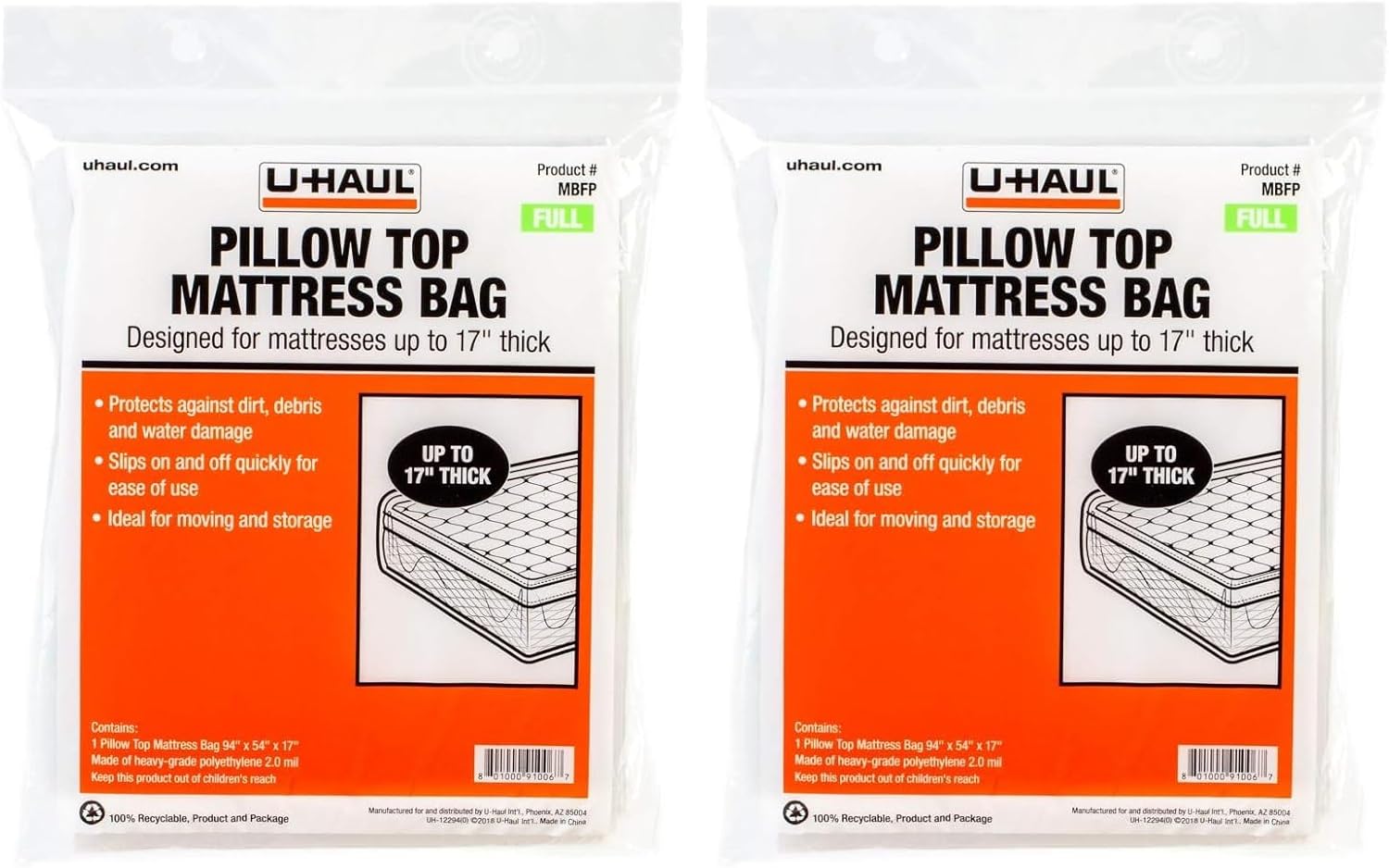 U-Haul Pillow Top Full Mattress Bag – Moving & Storage Cover for Mattress or Box Spring – 94” x 54” x 17” (Pack of 2)