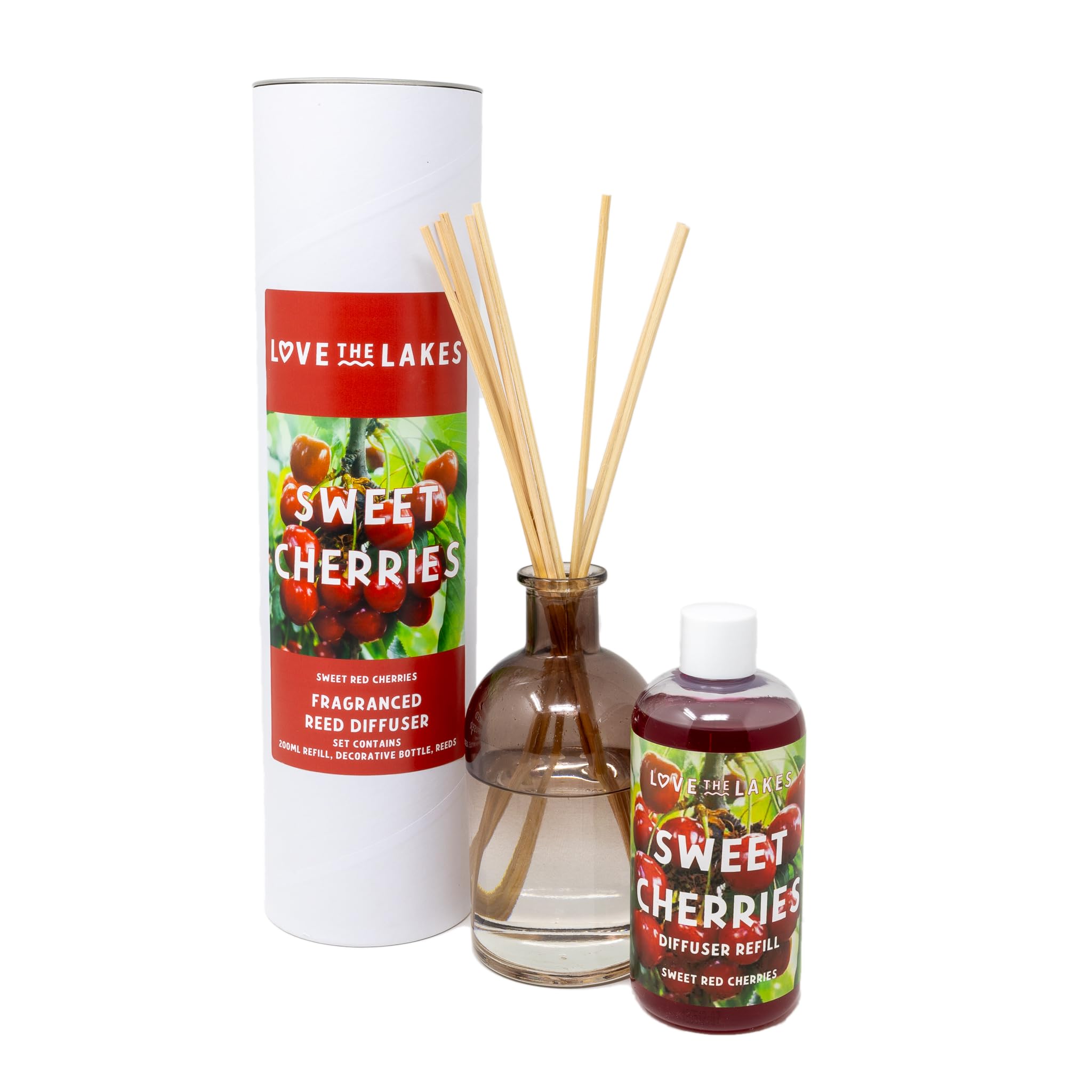 Love the Lakes Sweet Cherries Fragranced Reed Diffuser - contains 200ml Sweet Cherries fragrance oil and 150ml Glass Bottle with 8 Rattan Reeds. Sweet Red Cherries fragrance