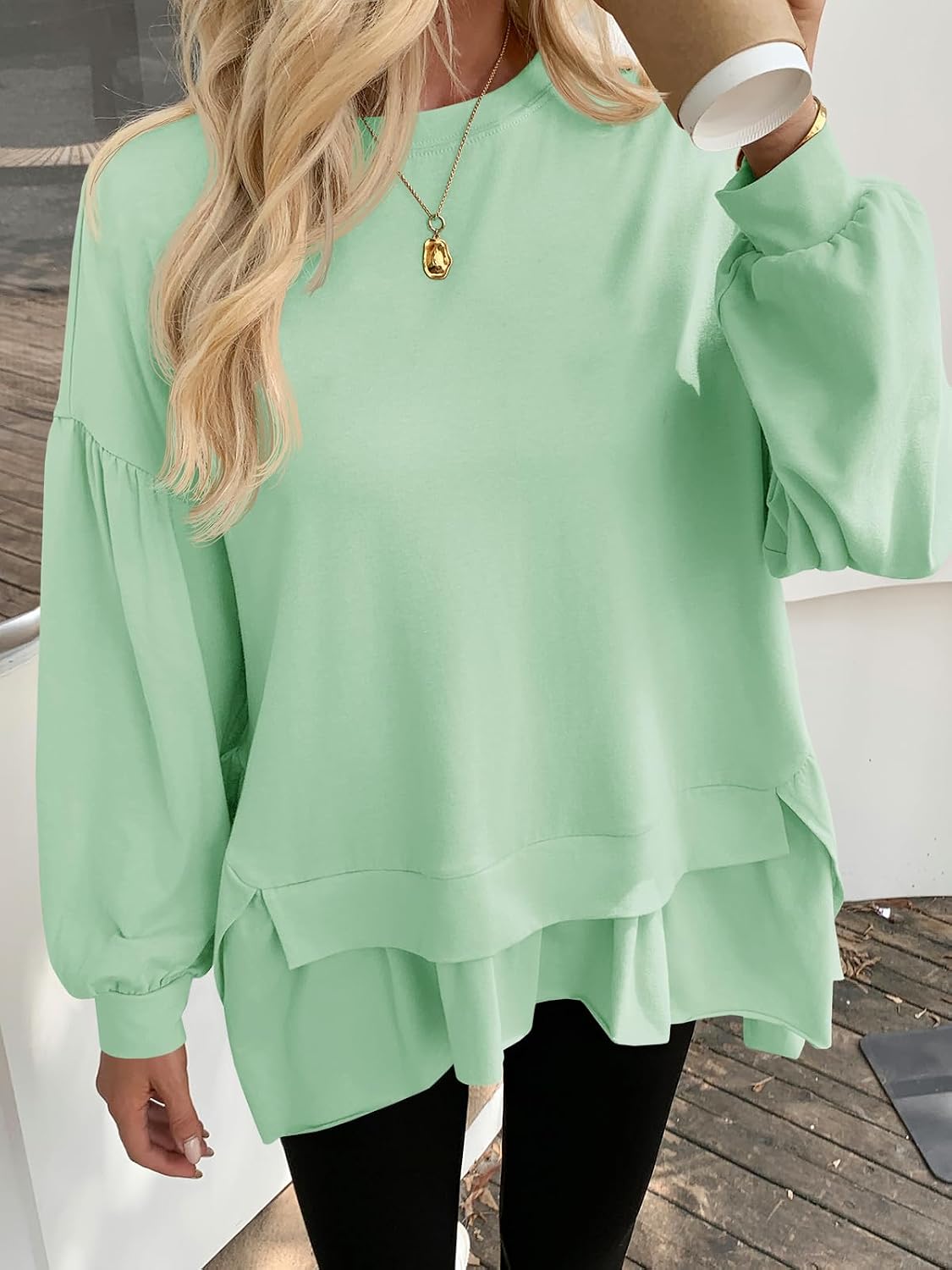 Tankaneo Womens Oversized Tops Peplum Puff Long Sleeve Shirts Trendy Casual Loose Fit Crew Neck Tunic Shirts
