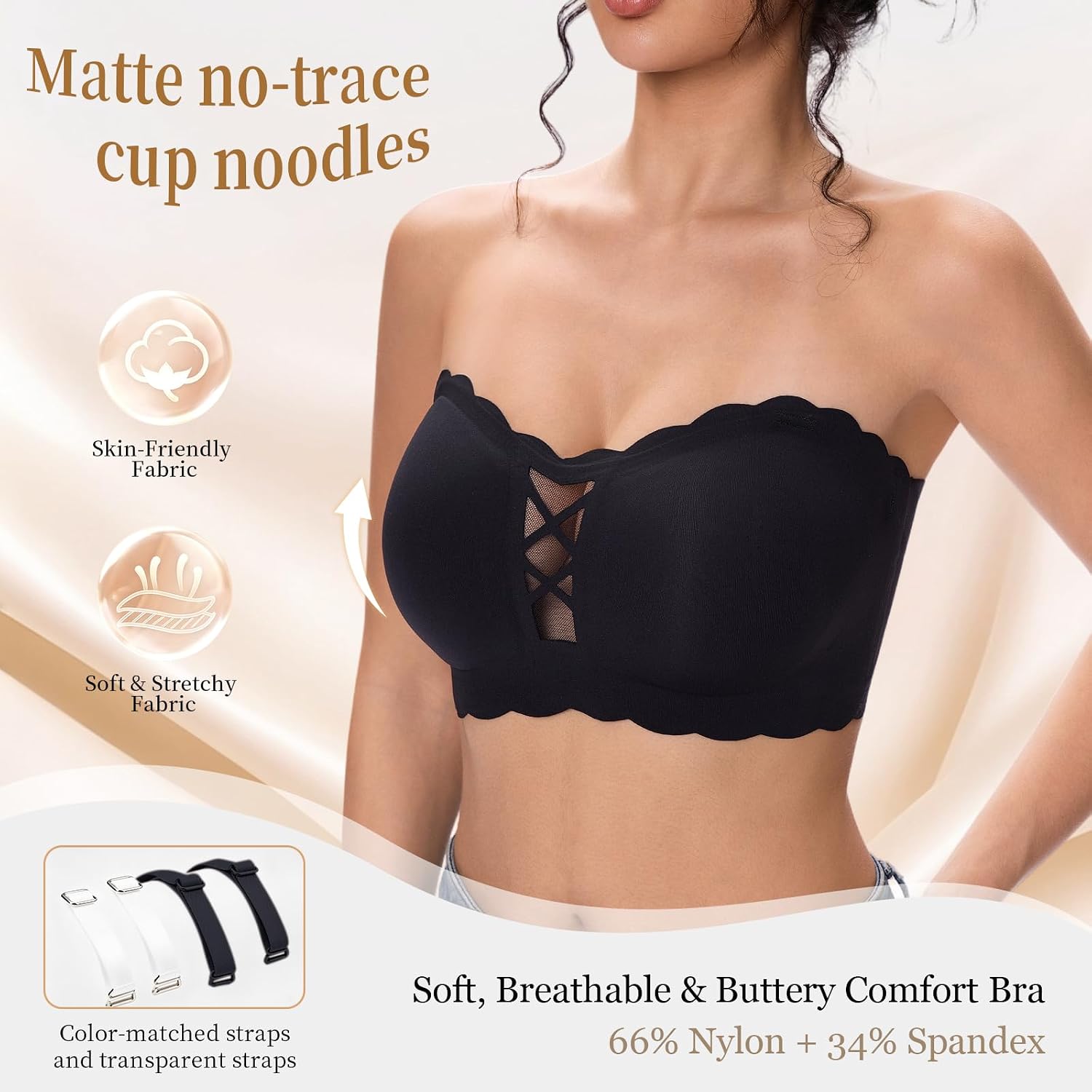 Women Strapless Push Up Bras Non Slip Support Corset Seamless Wireless Padded Invisible Bandeau Tube Top with Straps