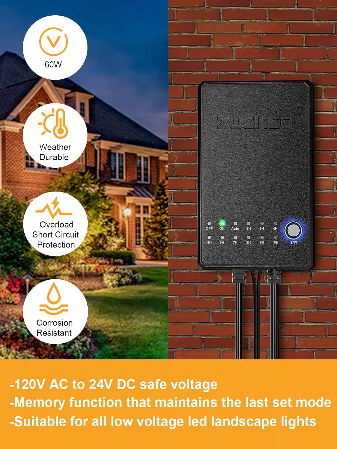 ZUCKEO 60W Low Voltage Landscape Transformer with Timer and Photocell Sensor, Waterproof Outdoor Landscape Lighting Transformer, 120V to 24V DC for Garden LED Lights, Spotlight, Pathway Light