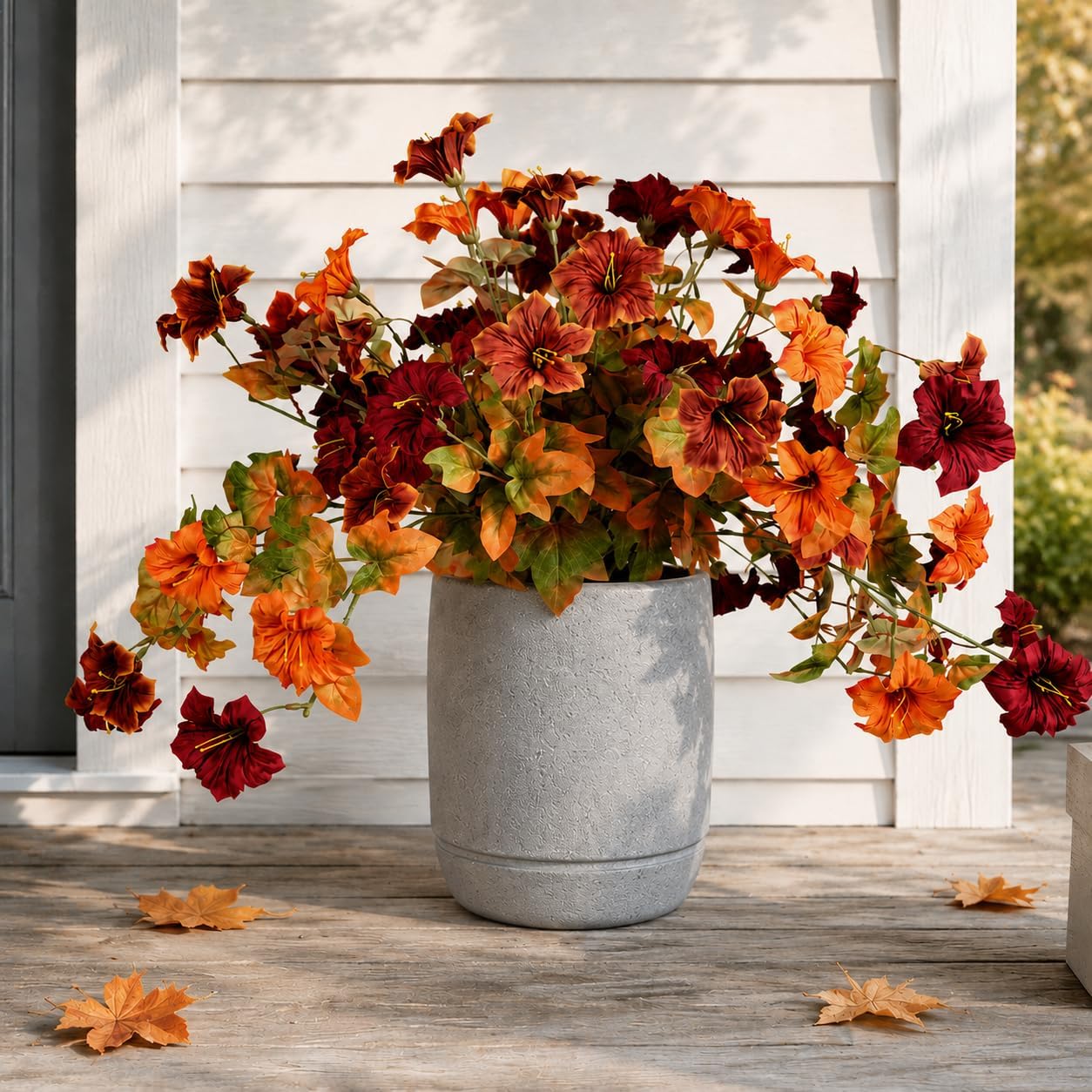 Fall Faux Flowers Outdoor, 3 Silk Petunia Stems for Porch Planters
