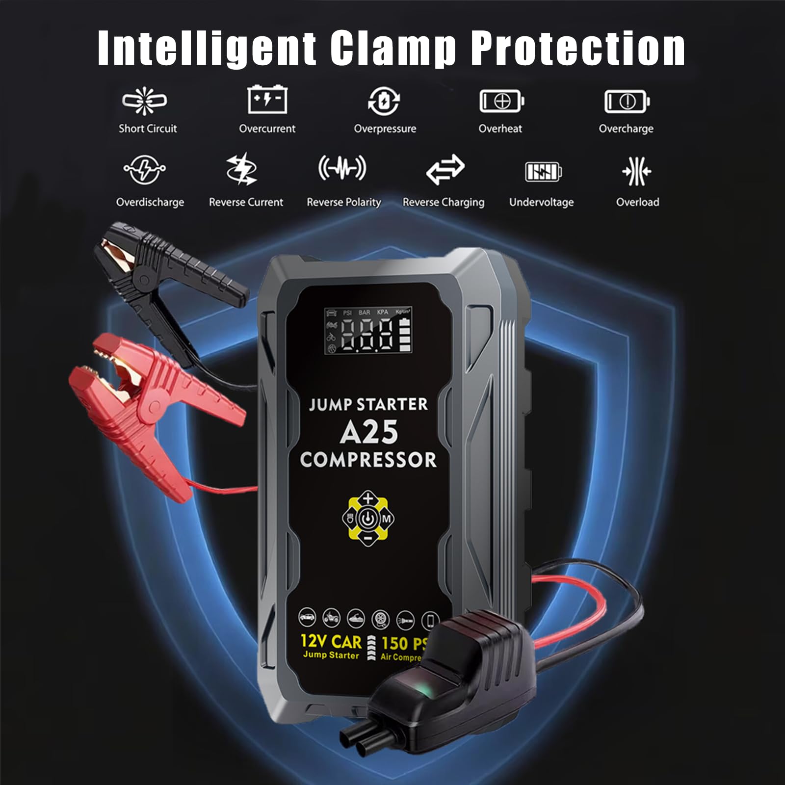 Paquete de energía de arranque de 5000 A con compresor de aire de 150 PSI, 8 en 1 de 12 V, arrancador de batería de coche para todos los motores diésel de gasolina/6.5 L, banco de energía con QC3.0