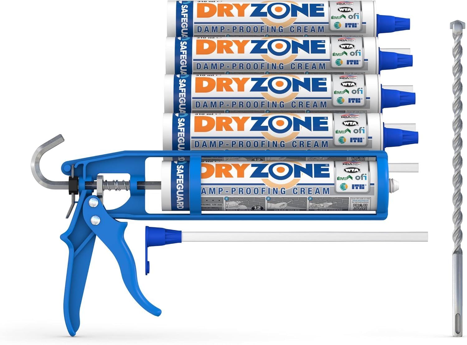 Dryzone Horizontalsperre Set (5 x 310 & Kartuschenpresse) - Gegen feuchte Wände und aufsteigende Feuchtigkeit - WTA zertifizierte Feuchtigkeitssperre fürs Mauerwerk, auch für Kellerwände