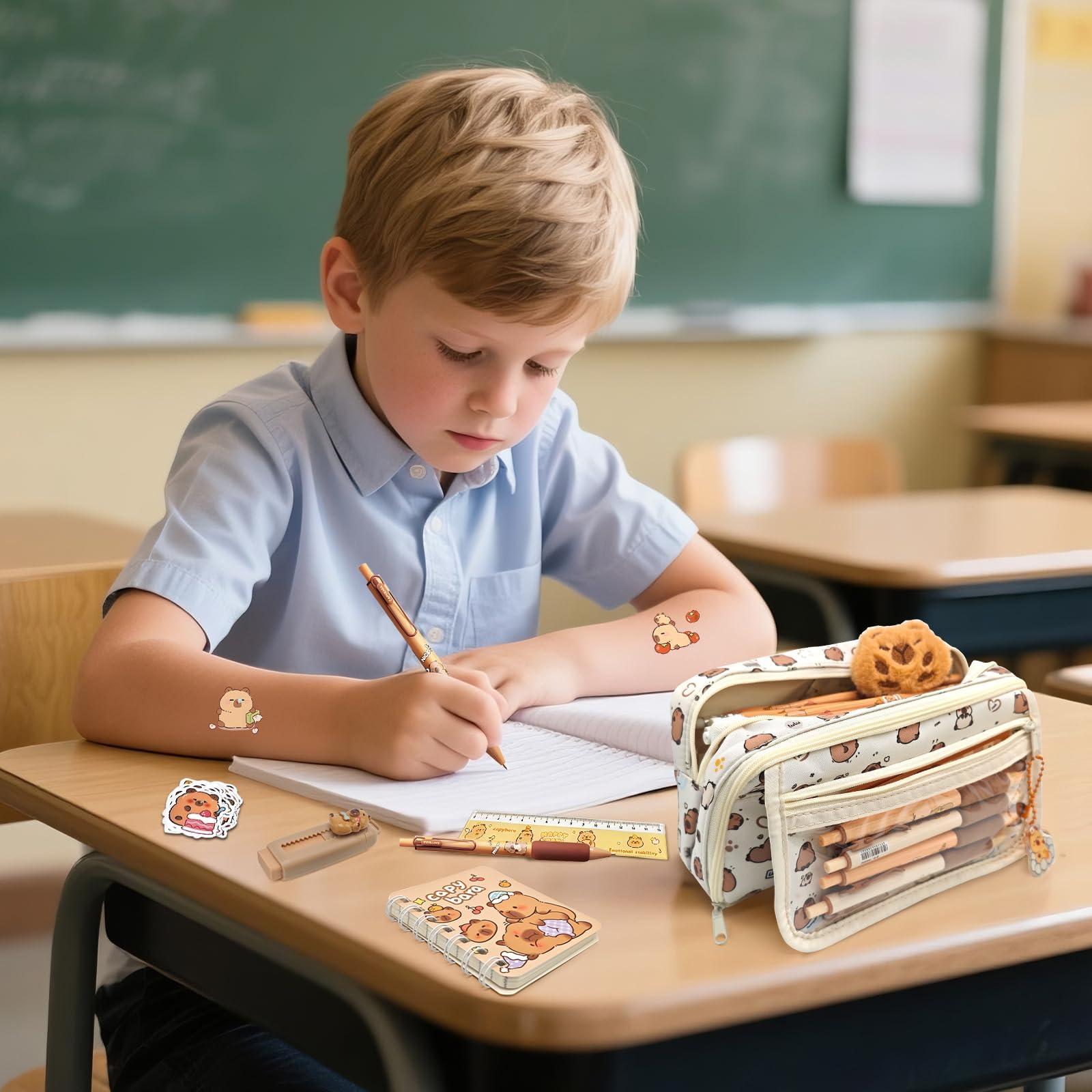 Ronronner 72 Pièces Trousse Capybara avec Fourniture, Capybara Papeterie avec Inclut Stylos, Clips, Règles - Organisé pour École, Bureau, Étudiants, Enfants