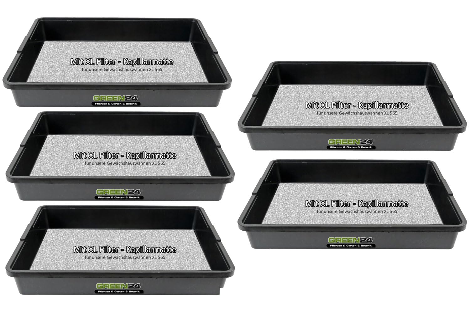 GREEN24 5 Stück Multipack KM-XL565 Kapillar Gewächshaus-Wanne Profi wasserdicht für die automatische Bewässerung der Pflanzen per Kapillarmatte (5 Stück mit Kapillarmatte)