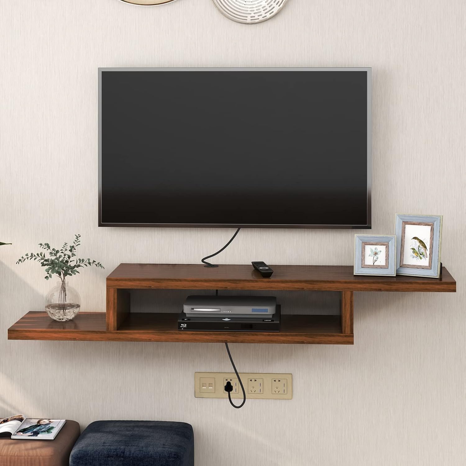Solid Wood Wall Mount TV Entertainment Unit Set Top Box Stand/TV Cabinet with Shelves for Books & Décor Display Unit, Colour :Brown (100CM)-image-34
