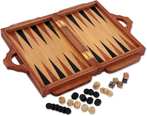 NOVICA Juego de backgammon de viaje de madera hecho a mano Cempaka Sono Brown Indonesia ajedrez 'Dolphin Guard'