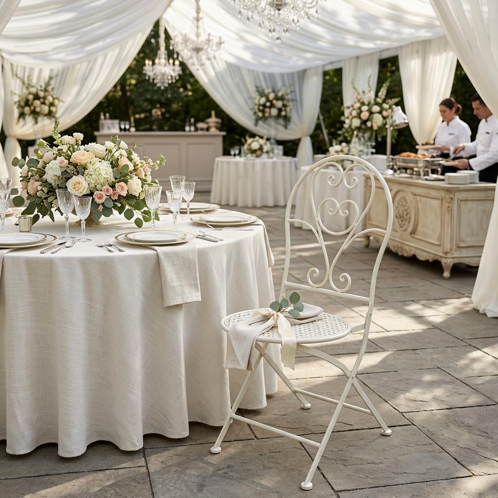 DiKasa Sedia Pieghevole in metallo bianco stile shabby chic - Sedia in ferro battuto con seduta rotonda senza braccioli, salvaspazio per giardino, balcone, cucina, terrazza ed eventi, 40x54x94 cm