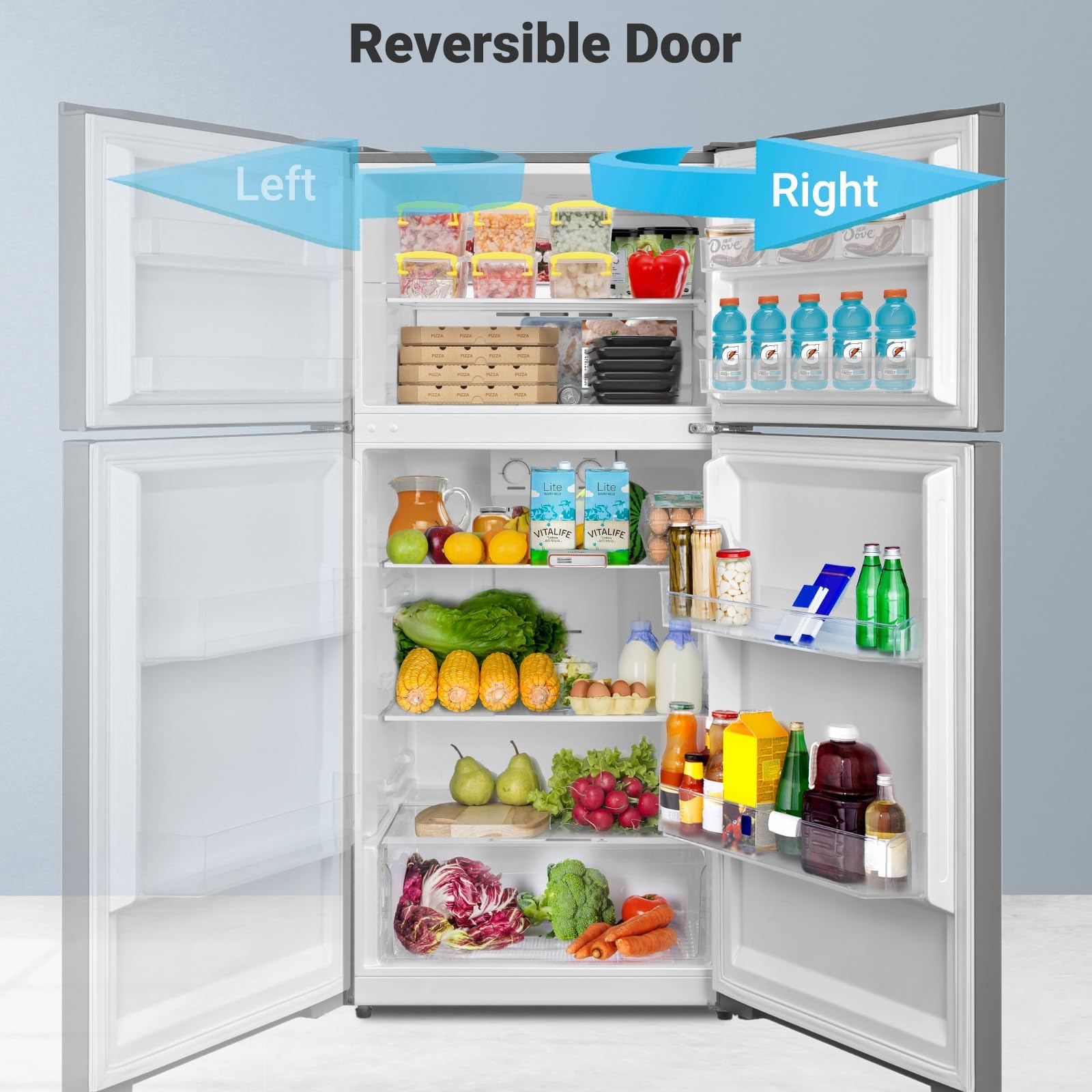 Techomey 13.9 Cu.Ft Top Freezer Refrigerator, Full Size Garage Ready Frost Free Fridge Freezer, 28" Standard Depth, Gallon Door Bins, LED Lighting, Stainless Steel on Fridge.com - View 5