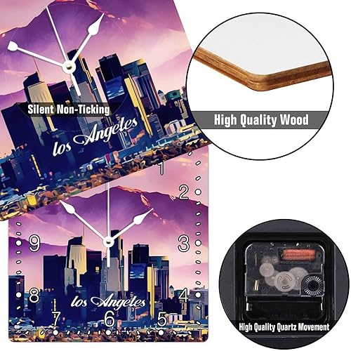 Miniatura 3 de 12x12in Decorative Wall Square Wood Clock Arabic Numerals Clock Silent Non-Ticking Battery Operated Clock United States Cityscape Los Angeles