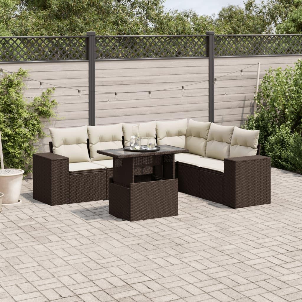 Set Divani da Giardino 7 pz con Cuscini Marrone in Polyrattan Resistente ai Raggi UV Ideale per Terrazza, Patio, Veranda, Balcone e Esterno, Design Modulare e Facile da Pulire