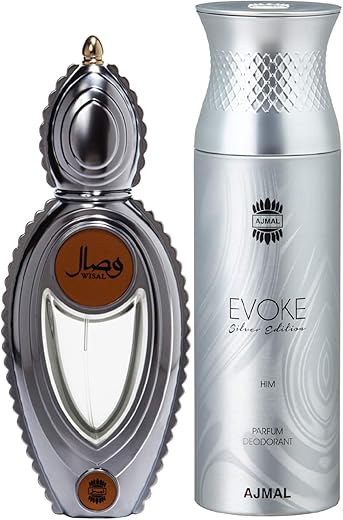 Ajmal Wisal EDP Floral Musky Perfume 50ml for Women and Evoke Silver Edition Him Deodorant Spicy Floral Fragrance 200ml for Men