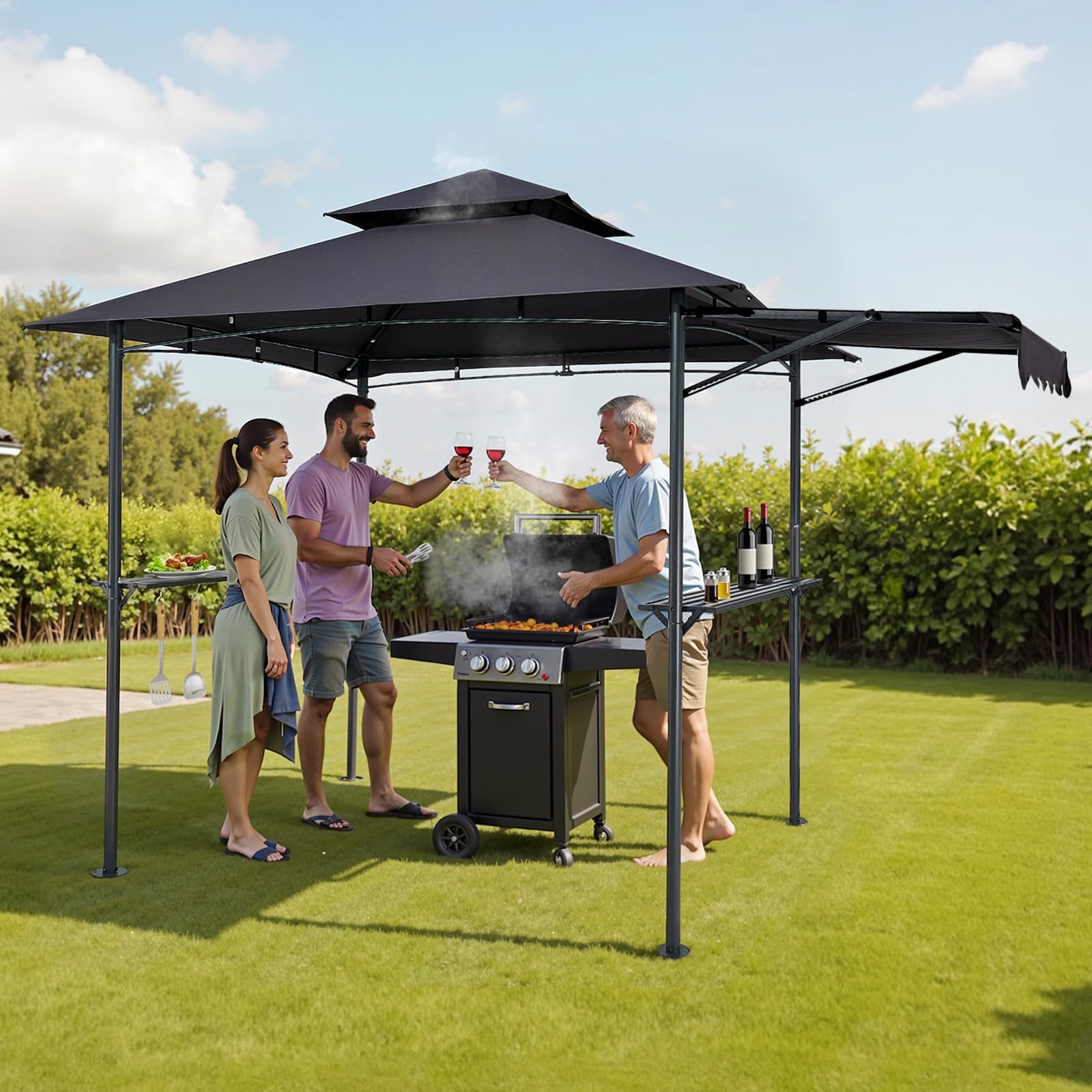 VEVOR Gazebo per Barbecue 243x150 cm, Tenda Gazebo per Barbecue da Esterno con Tettoia, Tetto a 2 Livelli, Copertura per BBQ da Giardino in Acciaio Verniciato a Polvere, per Grigliate, Feste, Picnic