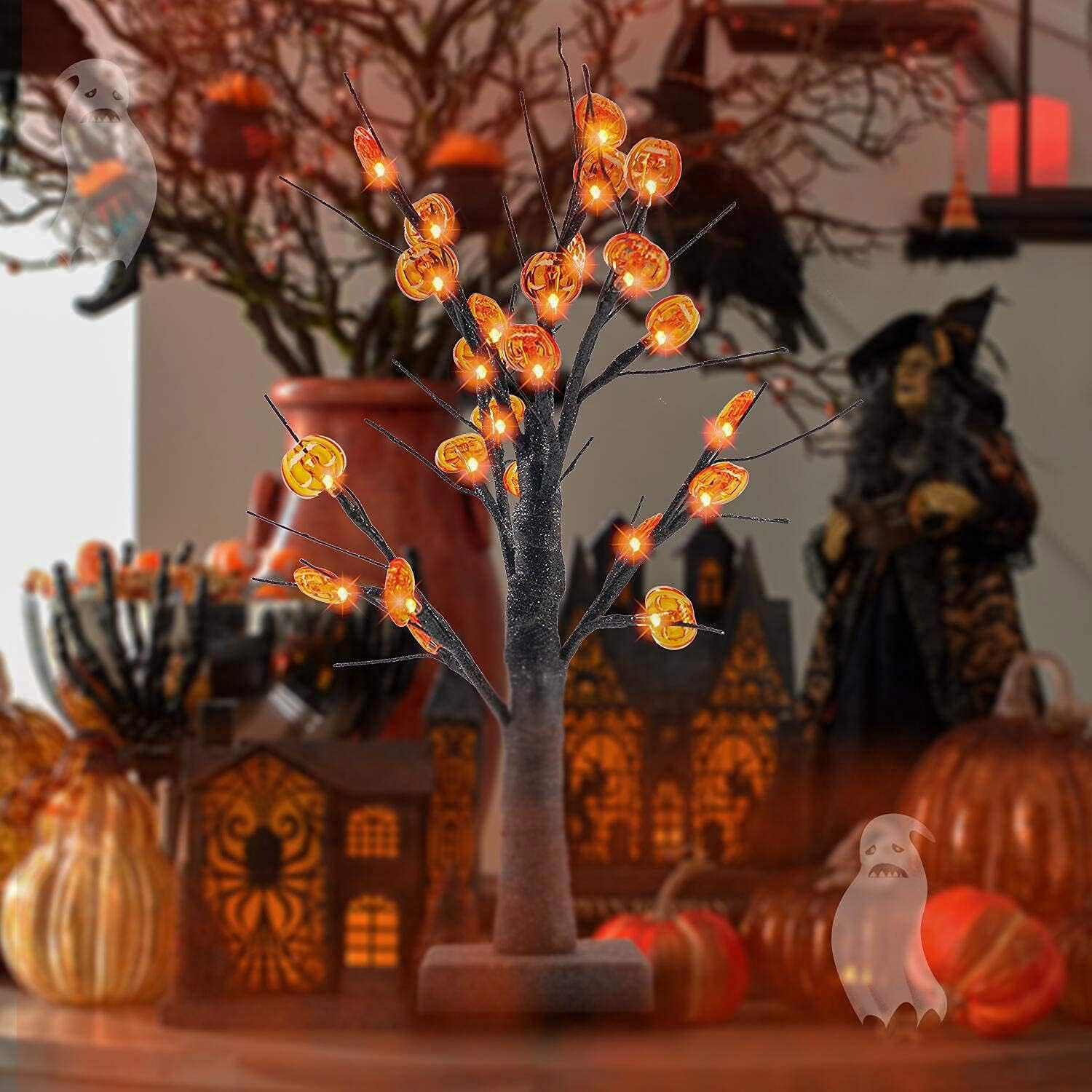 Twinkle Star 24 LED Lighted Halloween Tree, Battery Operated Birch Tree with 24 DIY Pumpkins, Indoor Home Table Desktop Best Halloween Decorations Gift Package