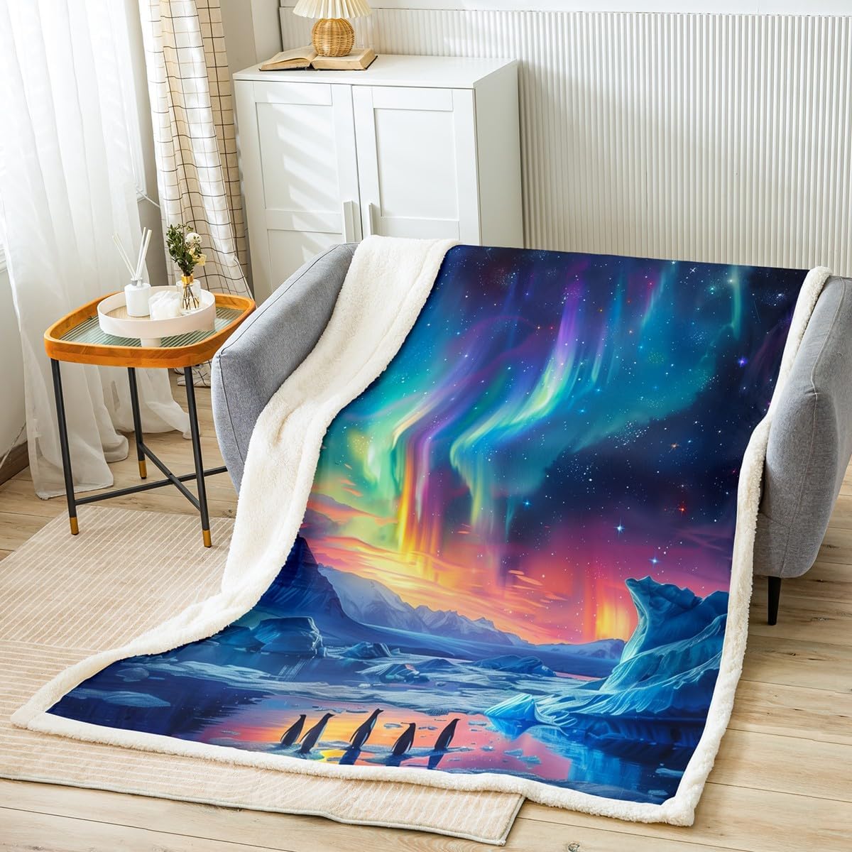Erosebridal Aurora Australis Fleece Blanket Antarctic Southern Lights Fuzzy Blanket Twin for Boys Girls Southern Iceland Hill Mountain Throw Blanket Cute Penguin with Colorful Starry Sky Blanket