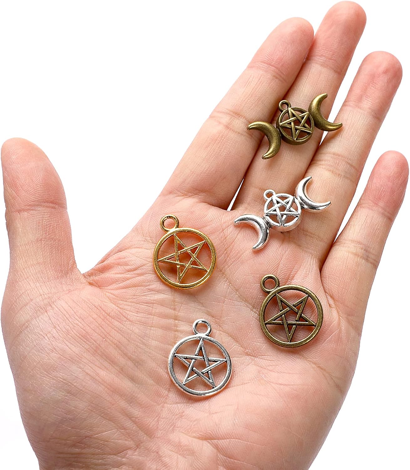 Sliverdew Alloy Pentagram Moon Charms 50PCS - Pentacle Star Pendant Lucky Witch Celestial Mixed Moon Star for DIY Earrings Necklace Bracelet Jewelry Craft Making Accessory