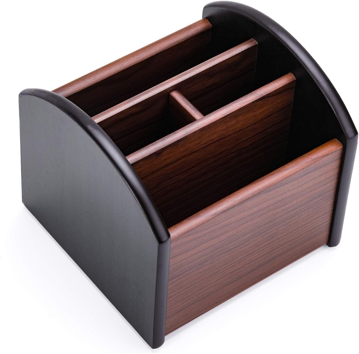 Organisateur Bureau Rotatif En Bois - 4 Compartiments Pour Stylos, Télécommandes - Design Élégant Noir/Marron