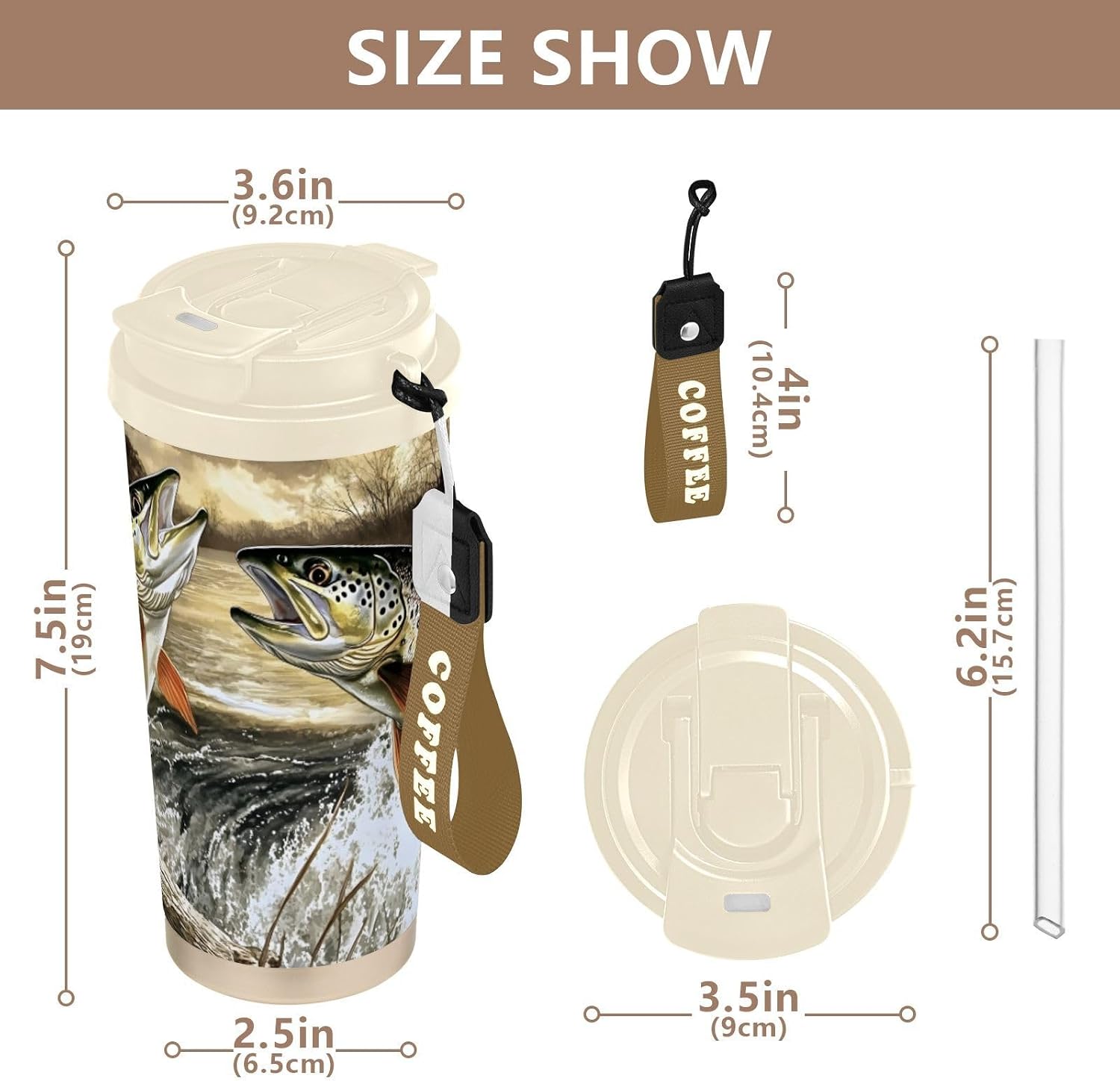 Trouts Jump Water Insulated Coffee Mug with Straw & Flip Lid, 16.9oz Iced Tumbler Cup, Double Wall Vacuum Leak-Proof Mug for Travel Office
