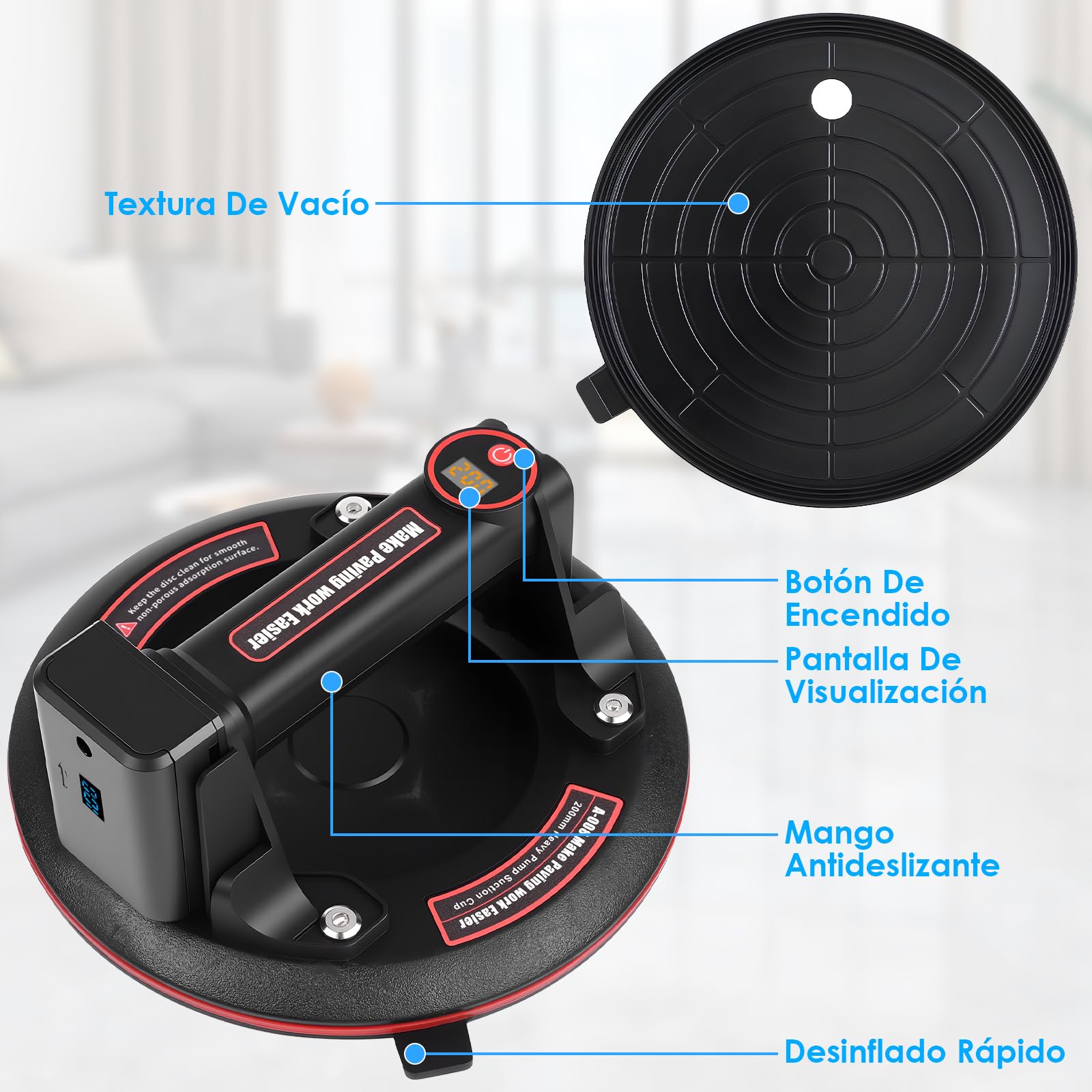 Ventosas para Cristal con 3000mAh Batería, 8" Ventosa Capacidad de Carga Máxima 200 kg, Recargable, Ventosa Cristal Eléctrico con Caja de Transporte para Vidrio, Azulejos, Mármol