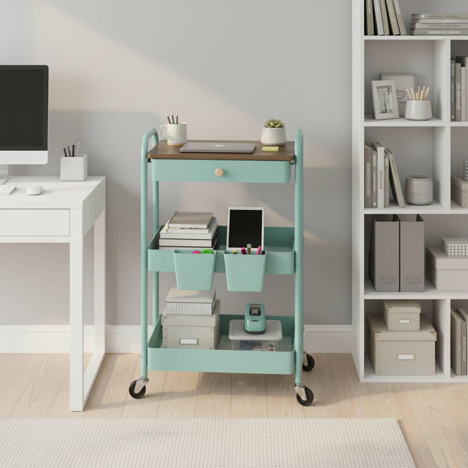 danpinera Carrello a 3 livelli, in metallo, con tavolo e cassetto in legno, carrello portaoggetti con tazze appese per cucina, bagno, ufficio