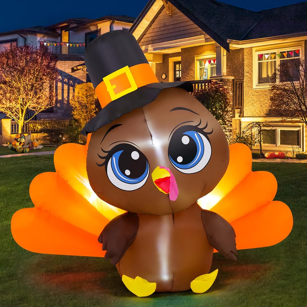 COMIN 5.4 FT Thanksgiving Decorations Inflatables Outdoor Big Eye Turkey Blow Up Inflatable with Built-in LEDs for Holiday Yard Lawn Garden Decor