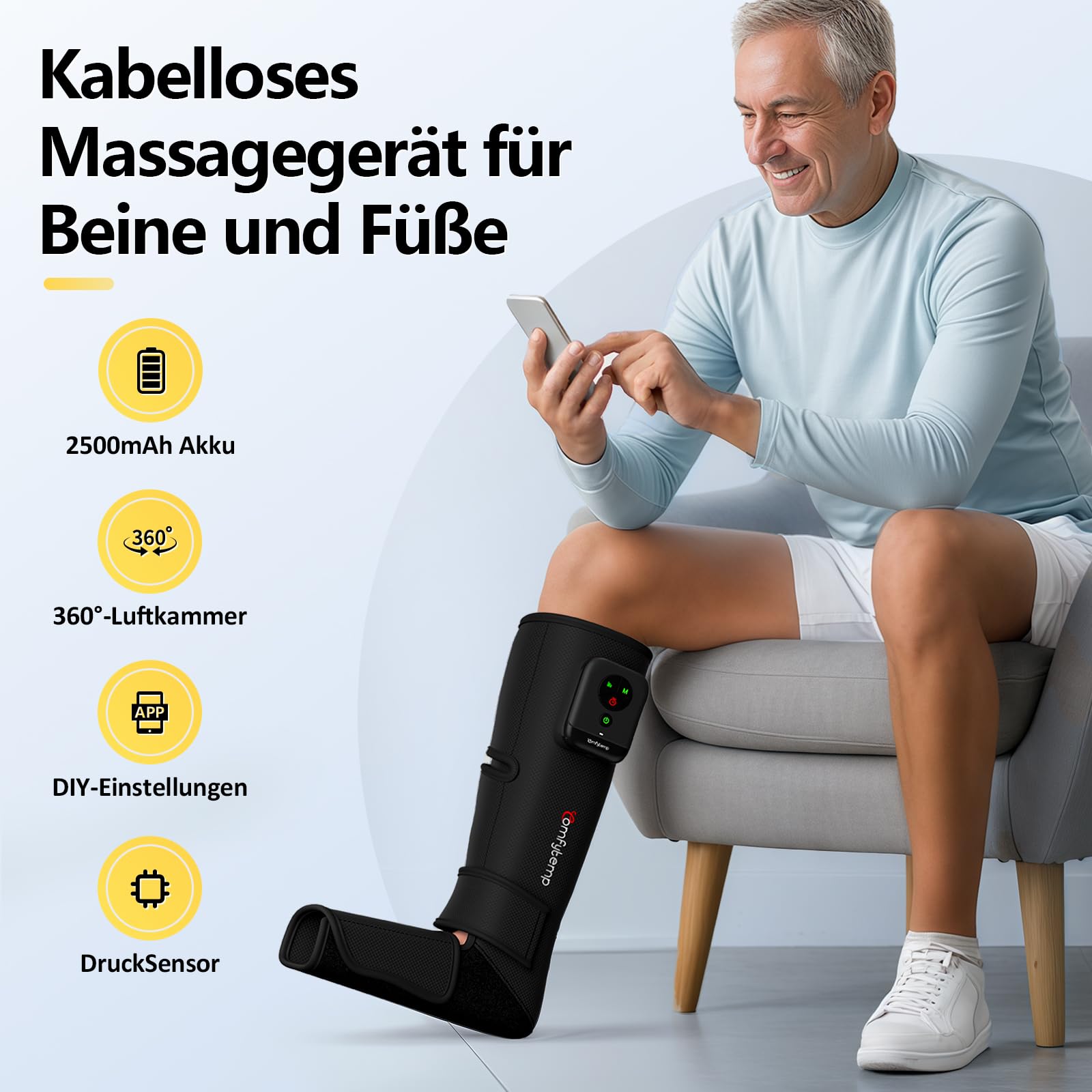 Comfytemp Kabelloses Bein- und Fußmassagegerät Beinmassagegerät Luftkompression Massage für Fuß Beine Waden Unterschenkel, Massagegerät mit DIY（1 Stück ）Geschenke für Mütter, Frauen, Mama, Papa
